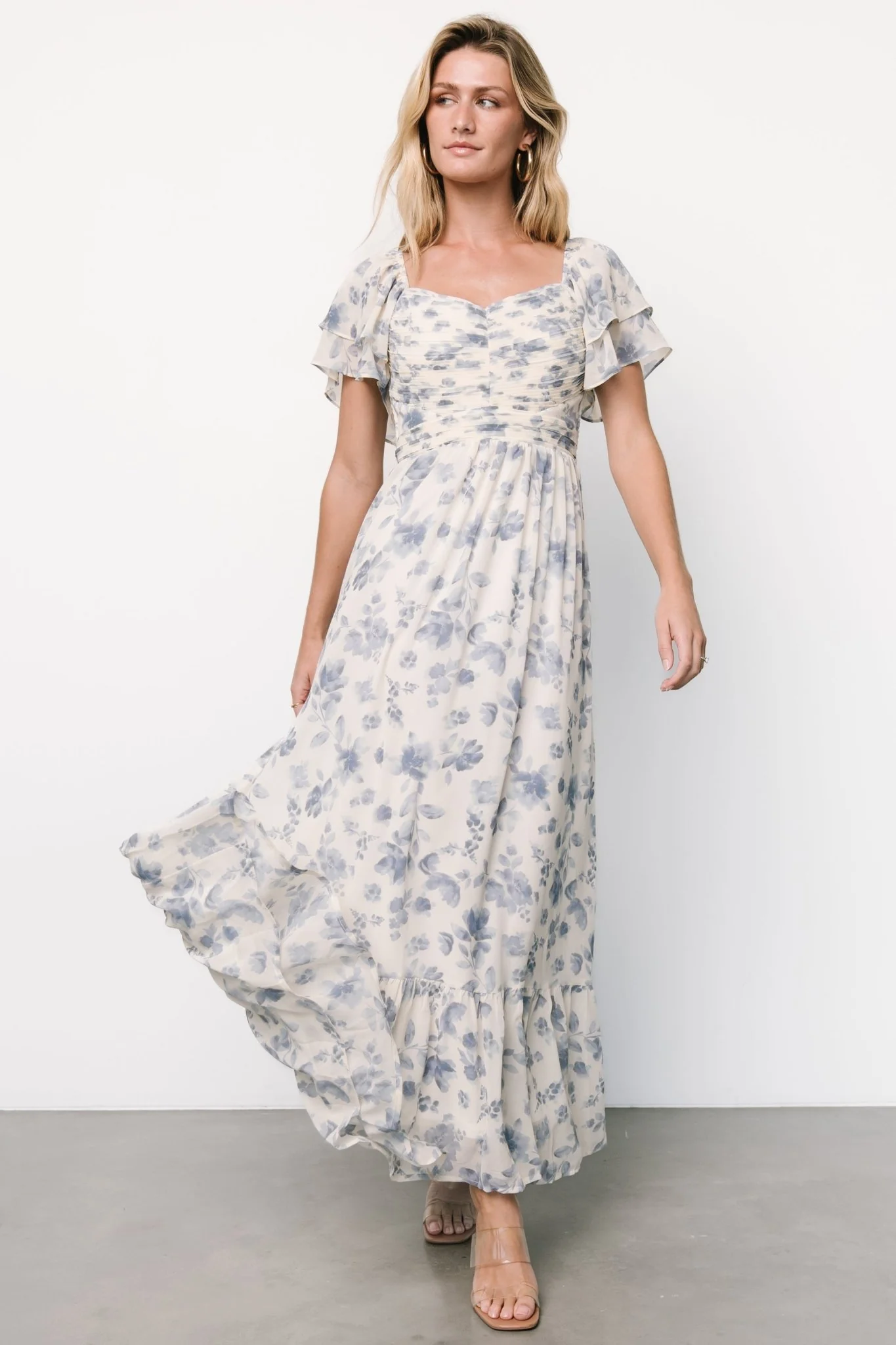 Juliana Pleated Top Dress | Ivory + Blue Floral