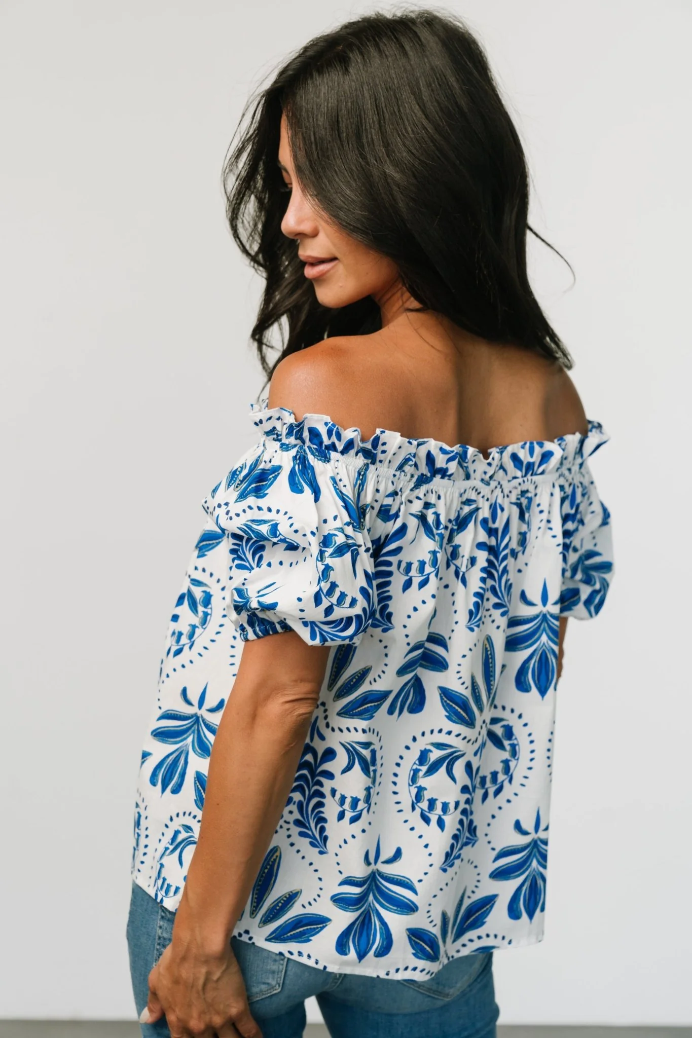Santorini Off Shoulder Top | White + Blue