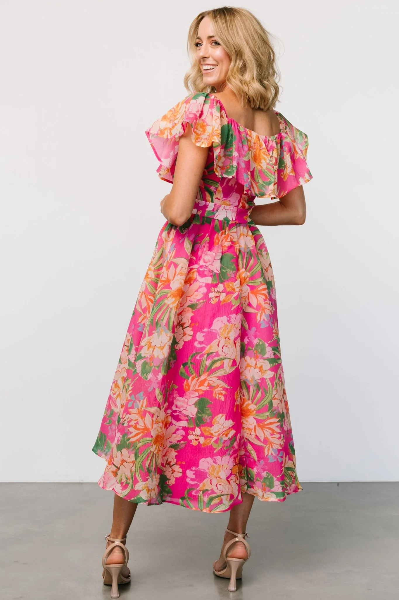 Kartini Off Shoulder Midi Dress | Fuchsia Multi