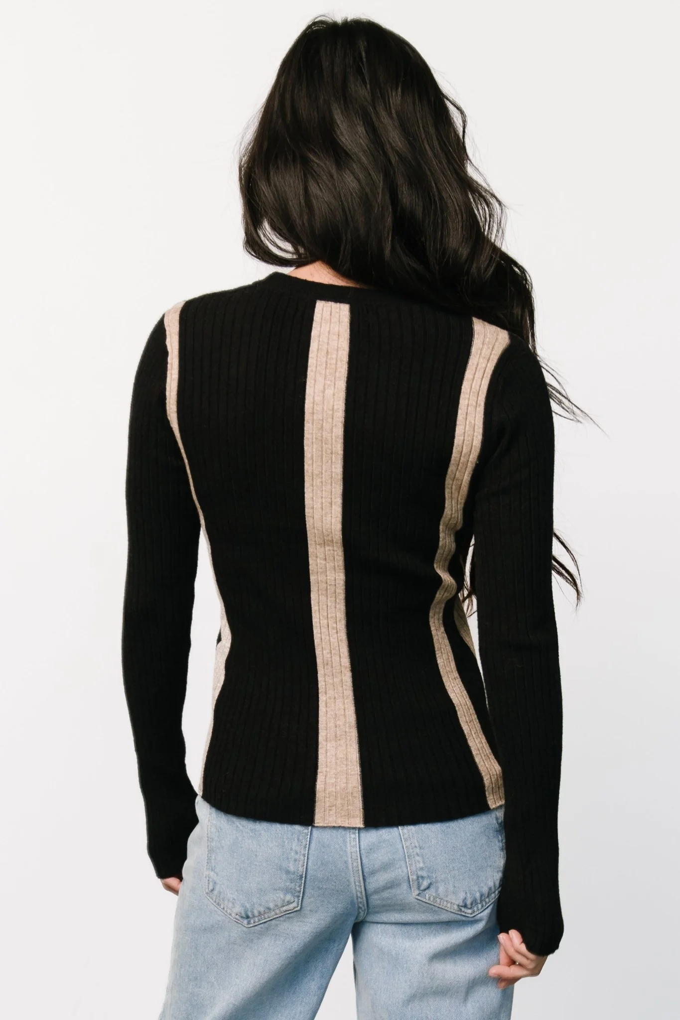 Jolene Ribbed Sweater Top | Black + Tan Stripe