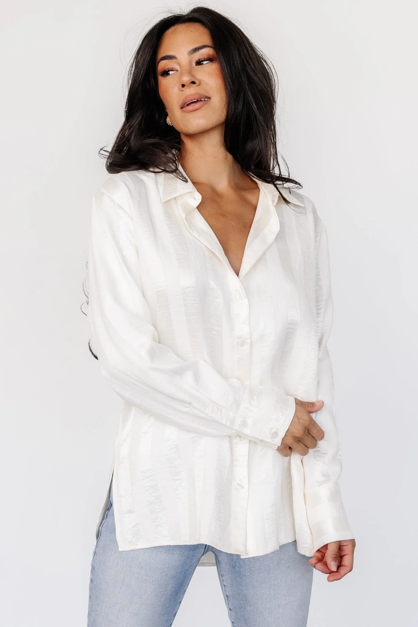 Kieran Striped Button Up Top | Cream