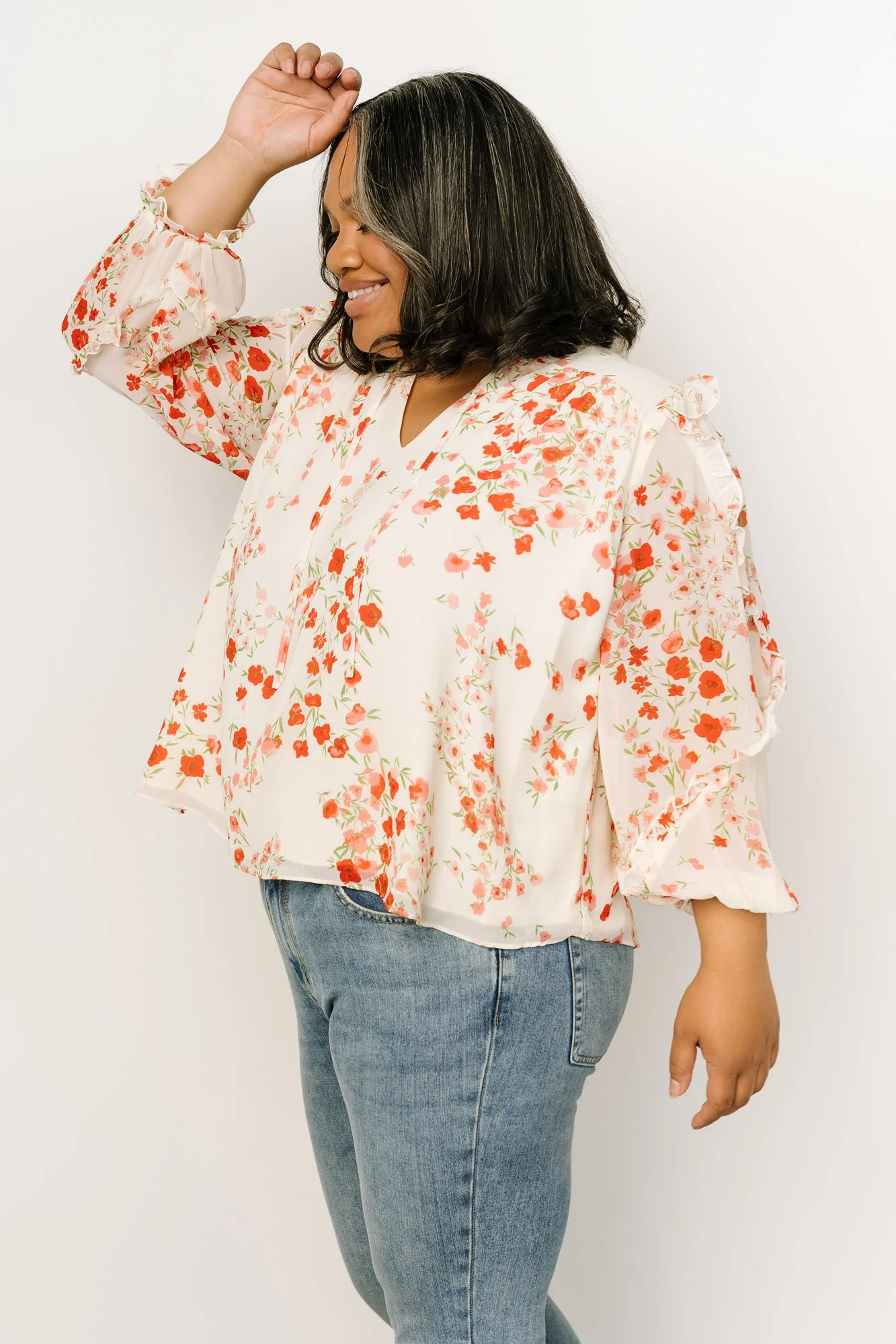Karlie Long Sleeve Ruffle Top | Ivory + Red Multi