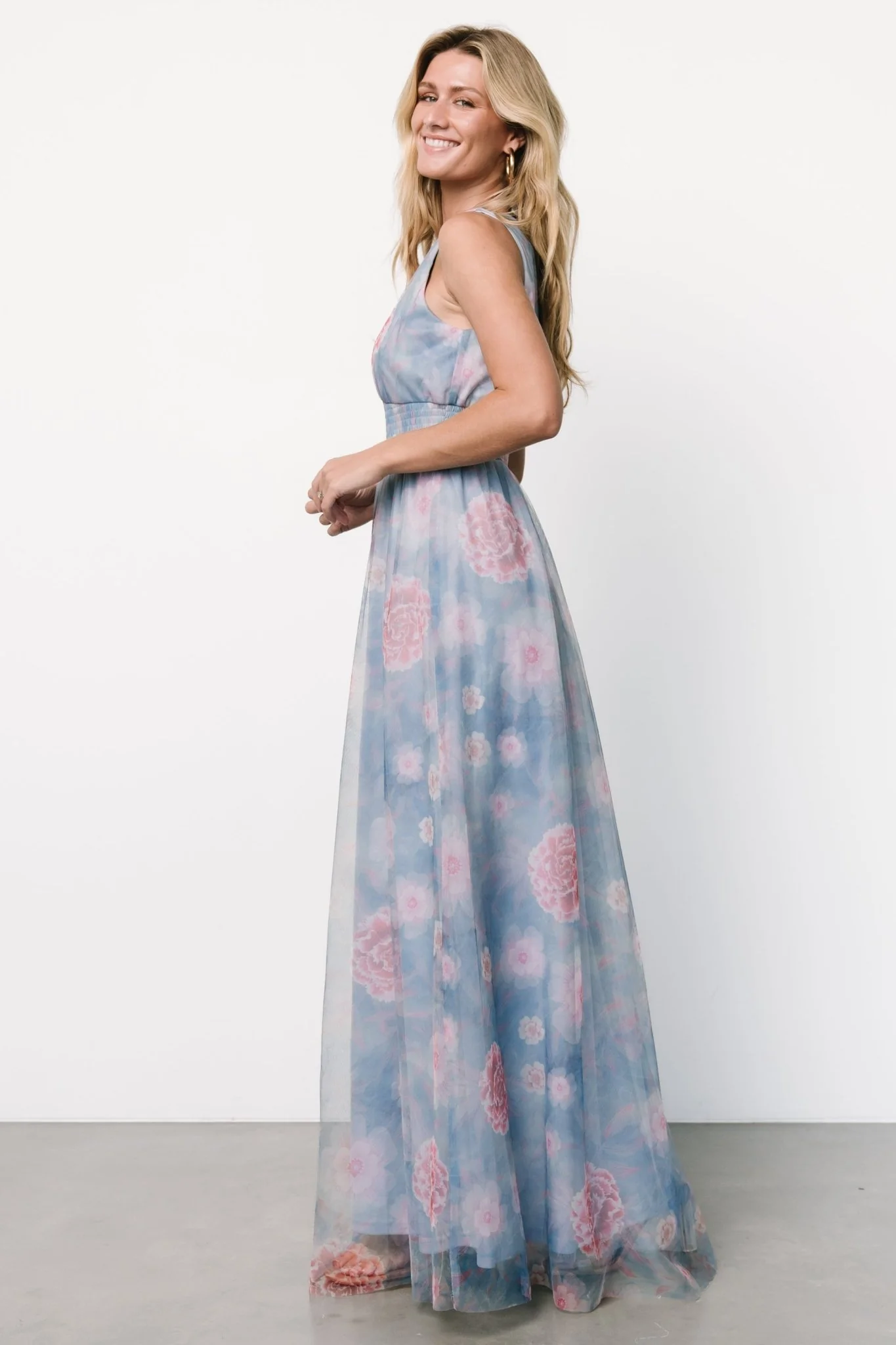 Kamila Tulle Maxi Dress | Light Blue + Pink Floral