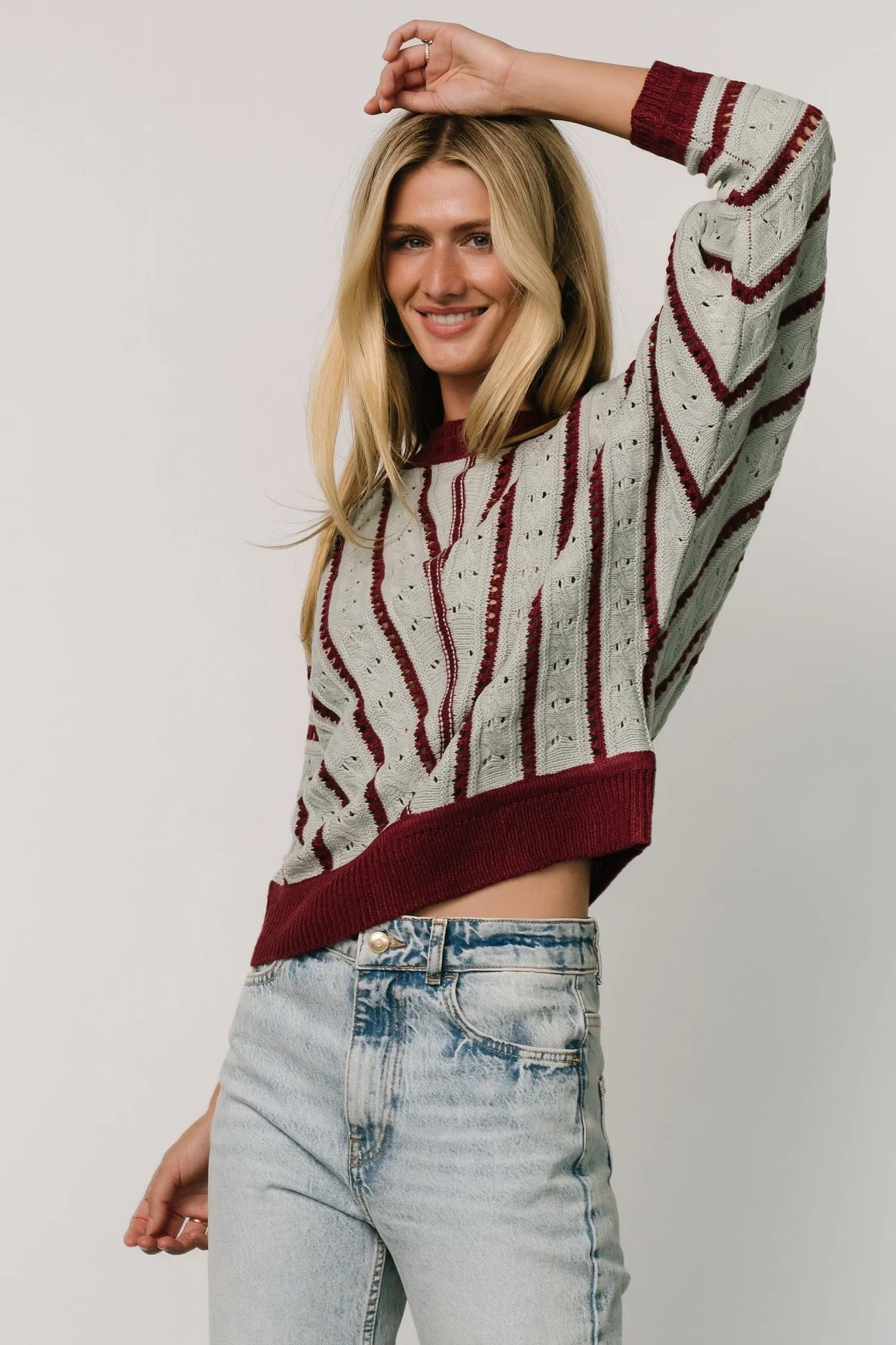Paola Pointelle Sweater | Light Blue + Burgundy