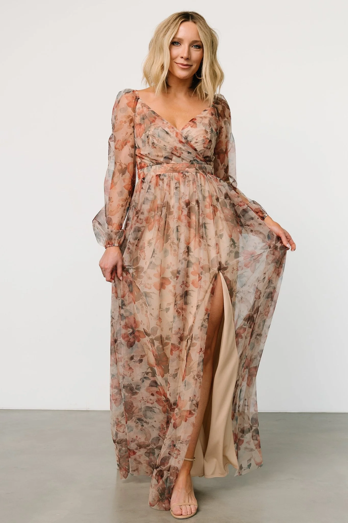Desiree Tulle Maxi Dress | Taupe Floral