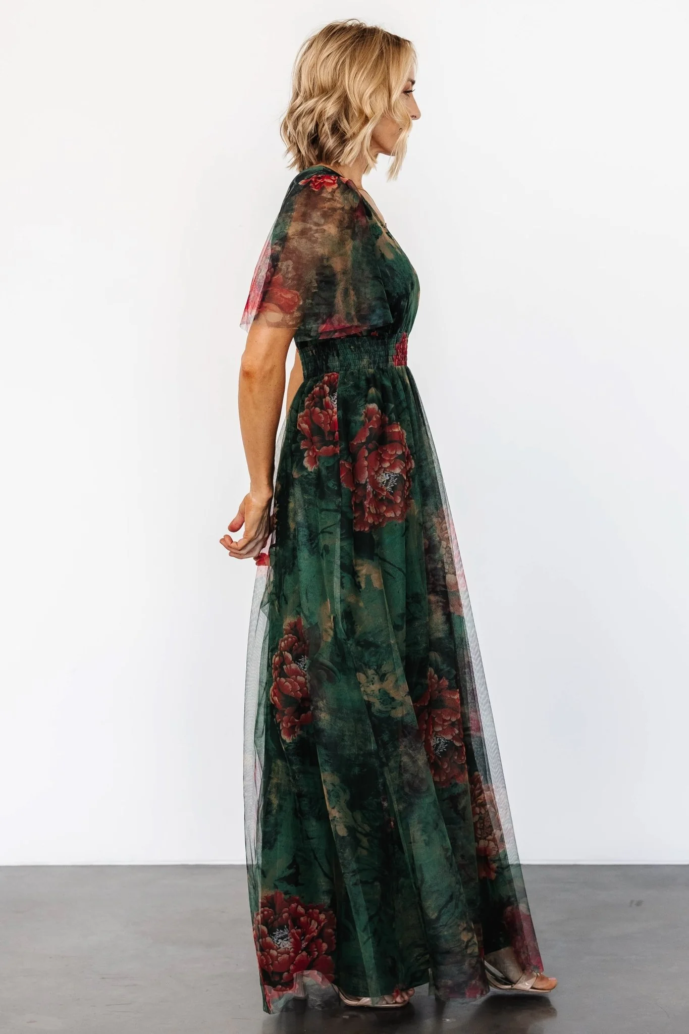 Cressida Tulle Maxi Dress | Dark Green + Red Floral