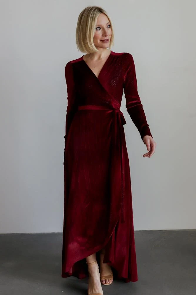 Serena Shimmer Velvet Wrap Dress | Merlot