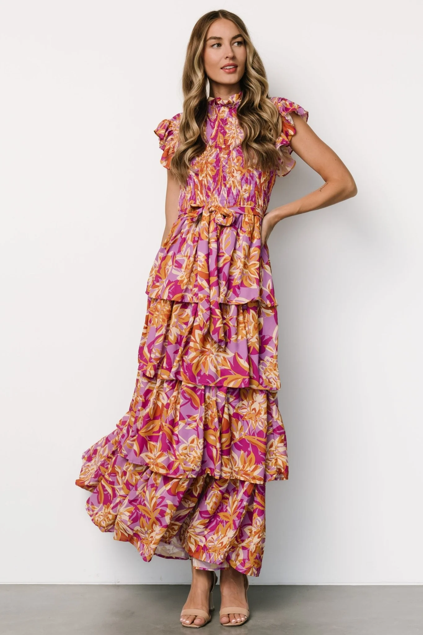Mya Smocked Maxi Dress | Orchid + Gold Print