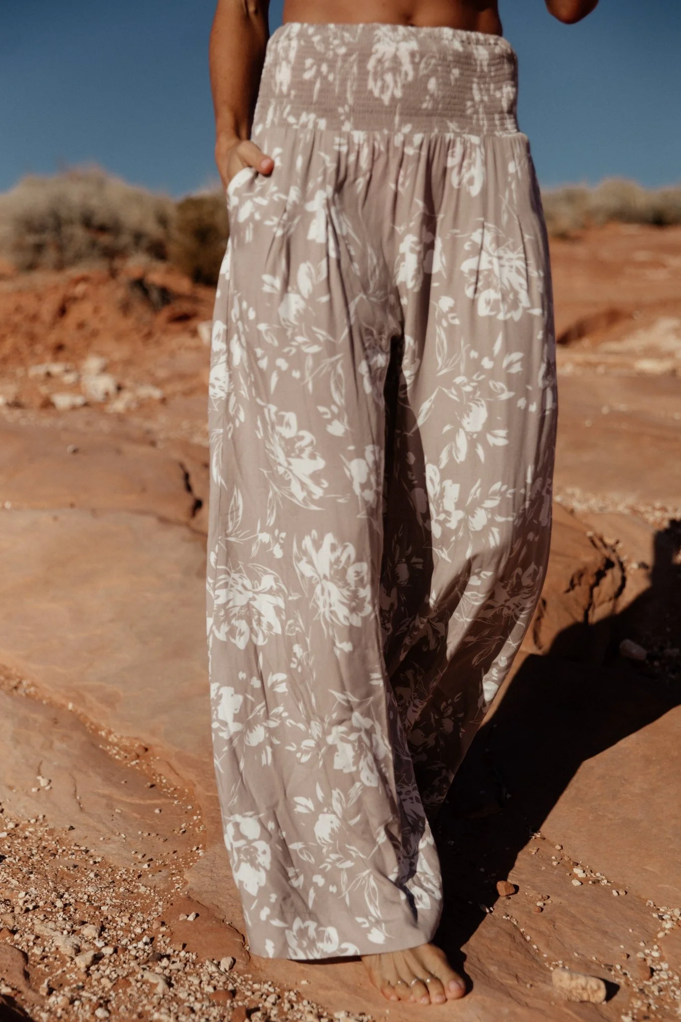 Malta Smocked Waist Pants | Sand + White