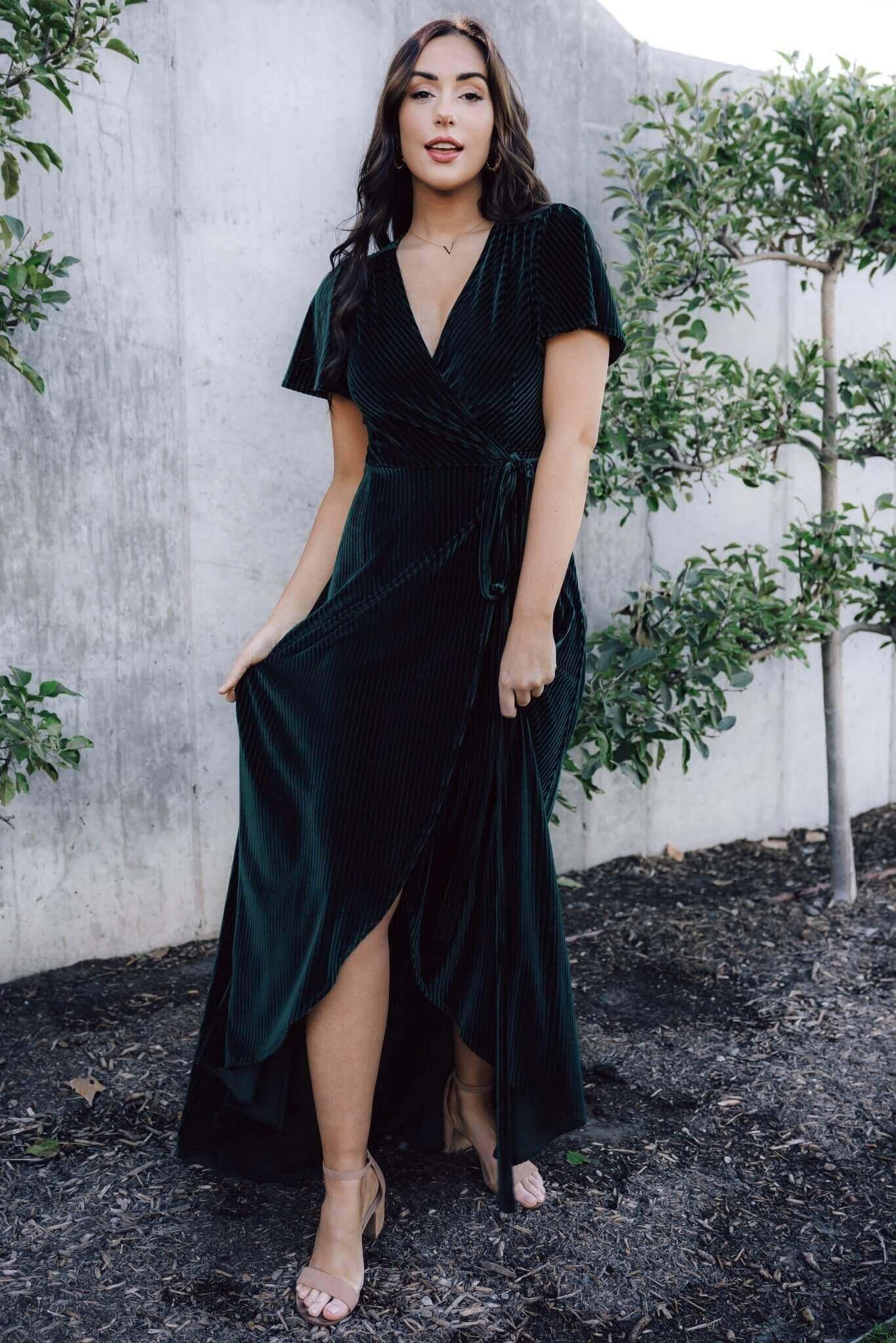 Andi Ribbed Velvet Wrap Dress | Emerald