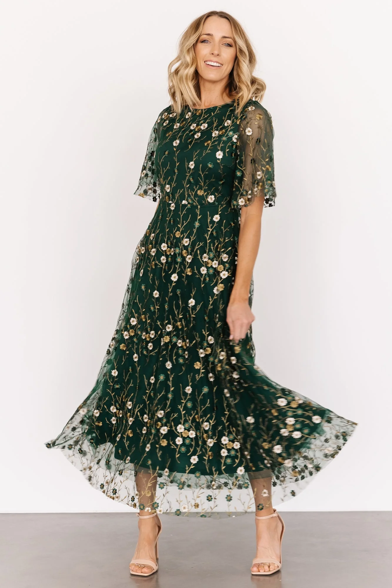 Arabella Embroidered Tulle Maxi Dress | Dark Green Floral