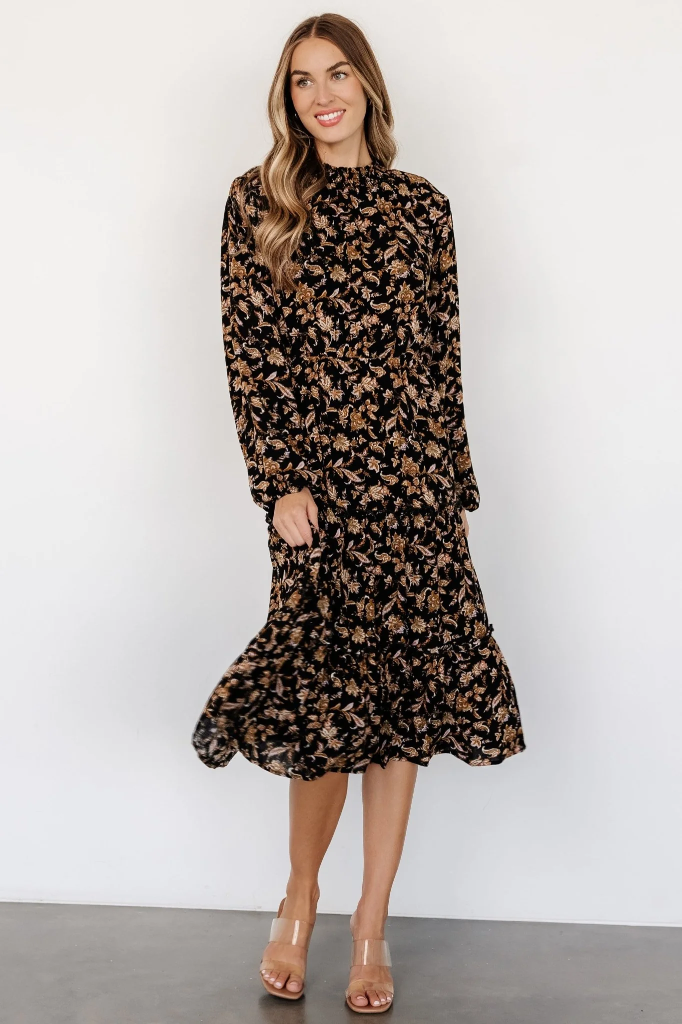 Kenice Mock Neck Dress | Black + Camel Print