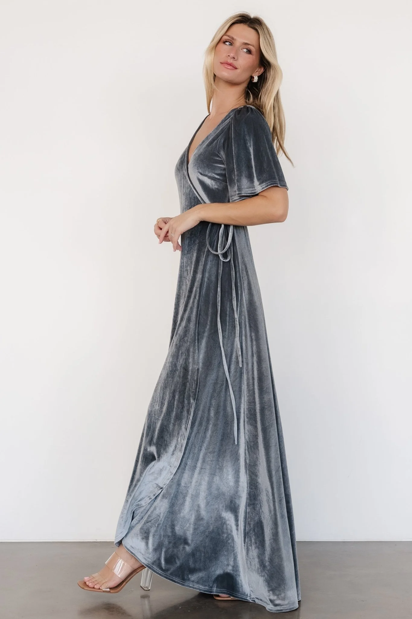 Katelyn Velvet Maxi Wrap Dress | Dusty Blue