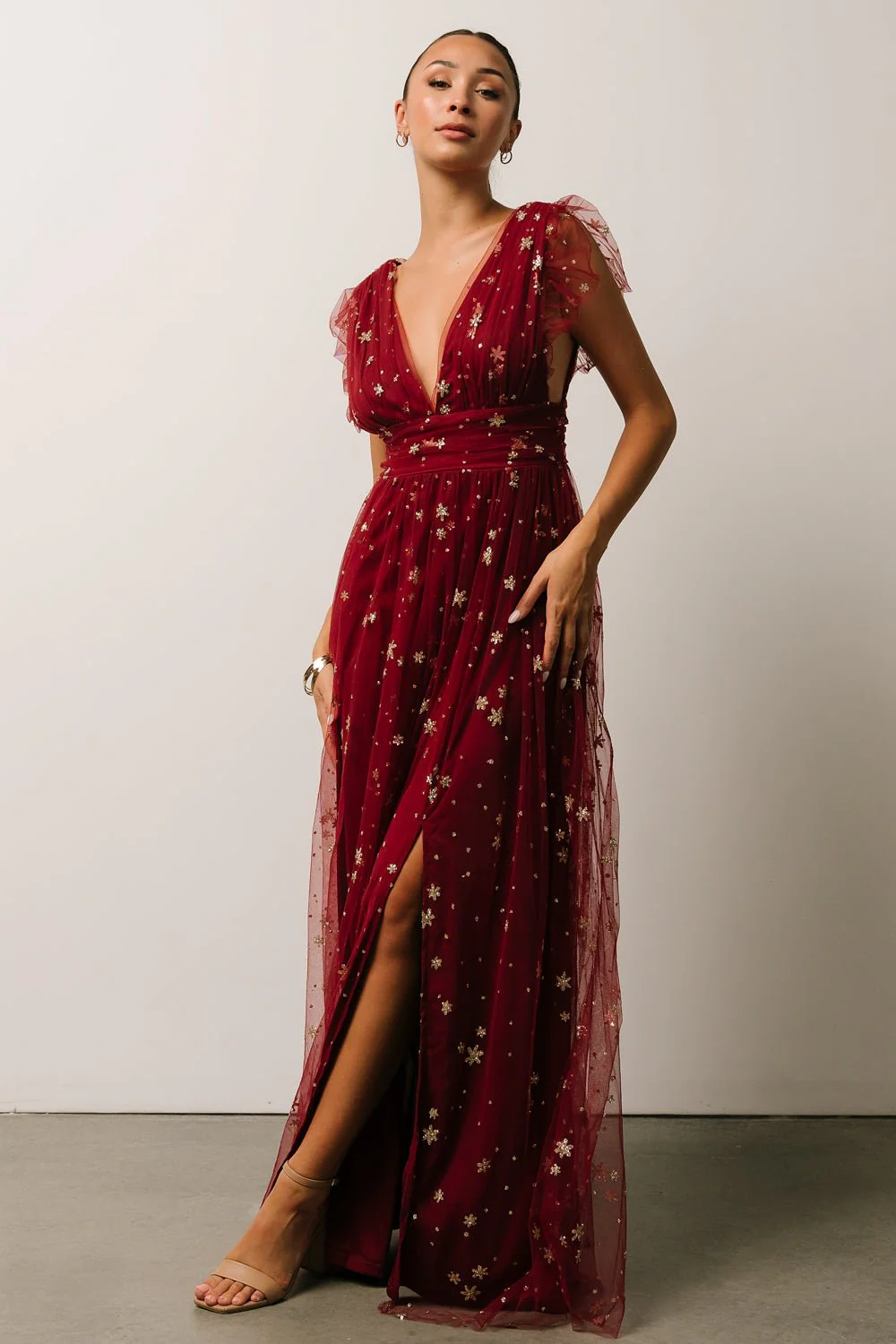 Nova Shimmer Maxi Dress | Wine + Gold