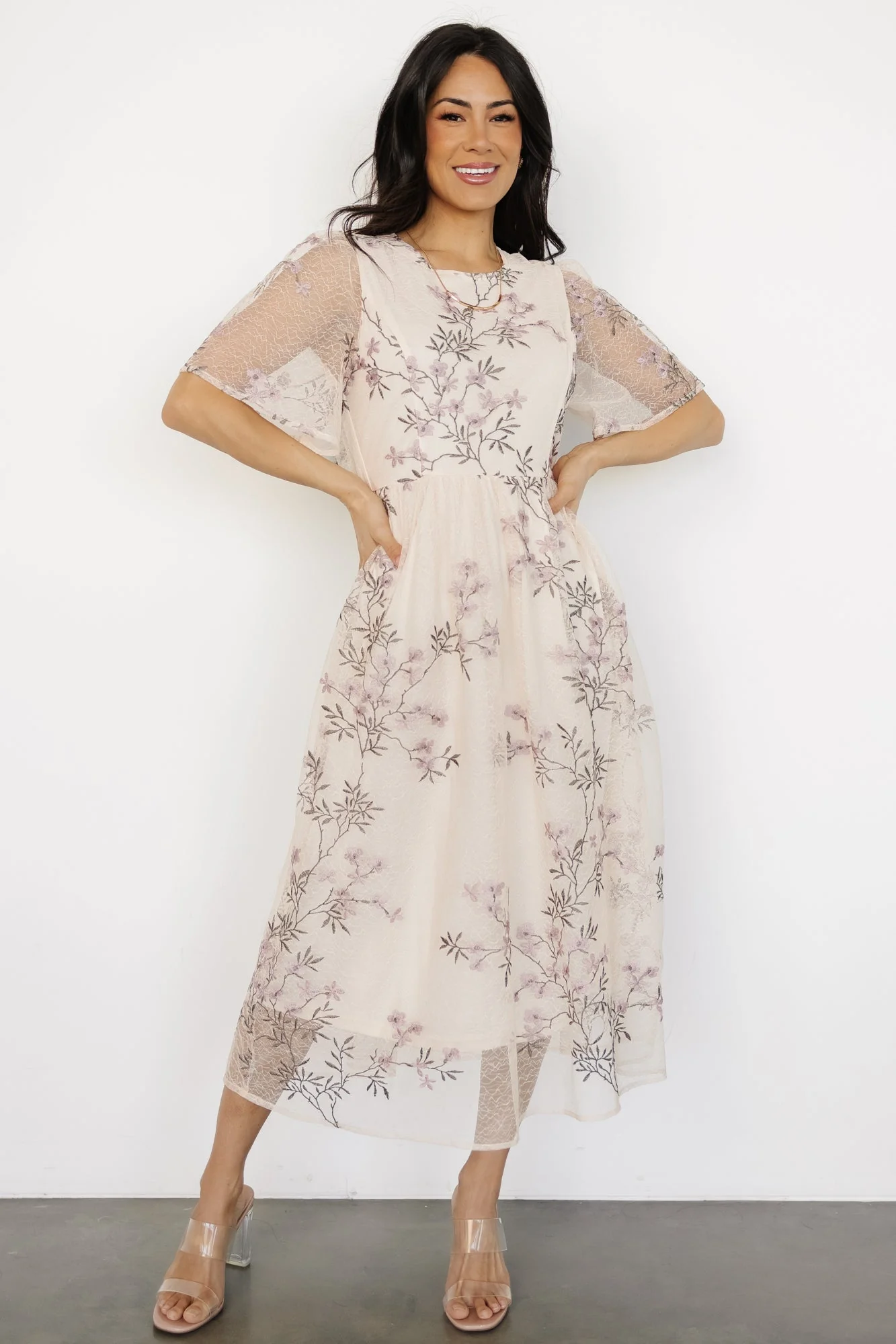 Ashlee Embroidered Midi Dress | Cream + Lavender Floral