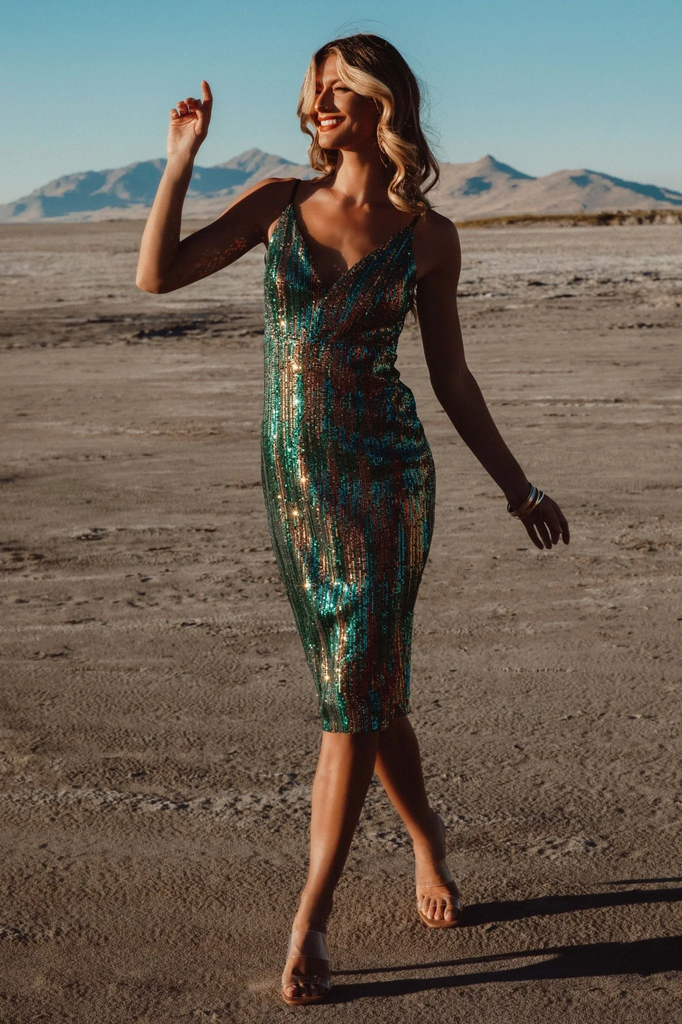 Michelle Sequin Midi Dress | Green Multi