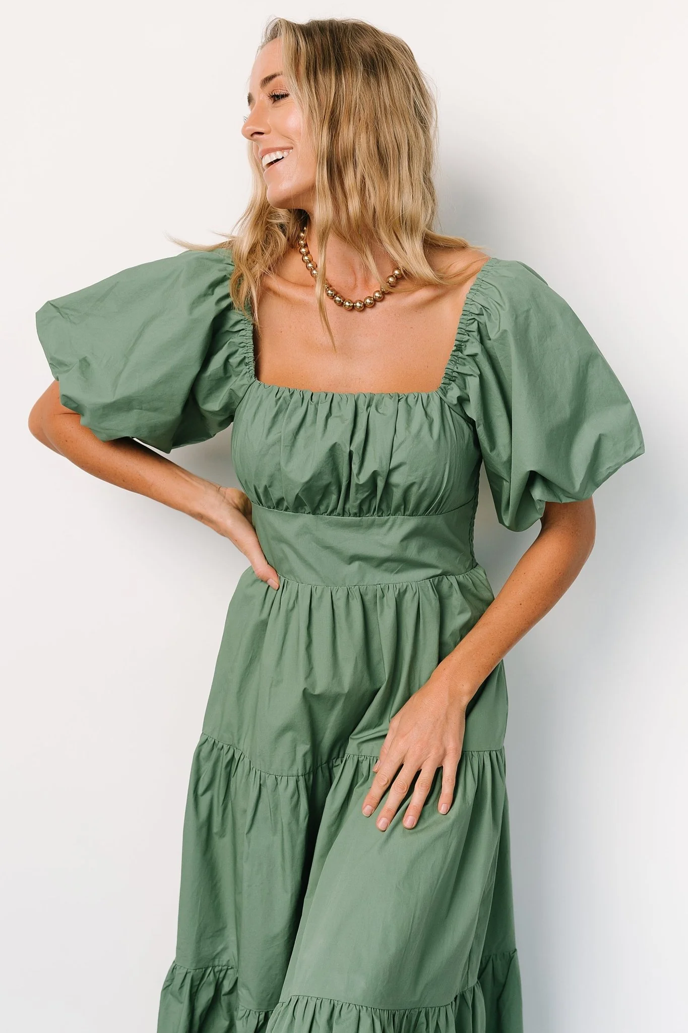 Cindy Puff Sleeve Tiered Dress | Dusty Green