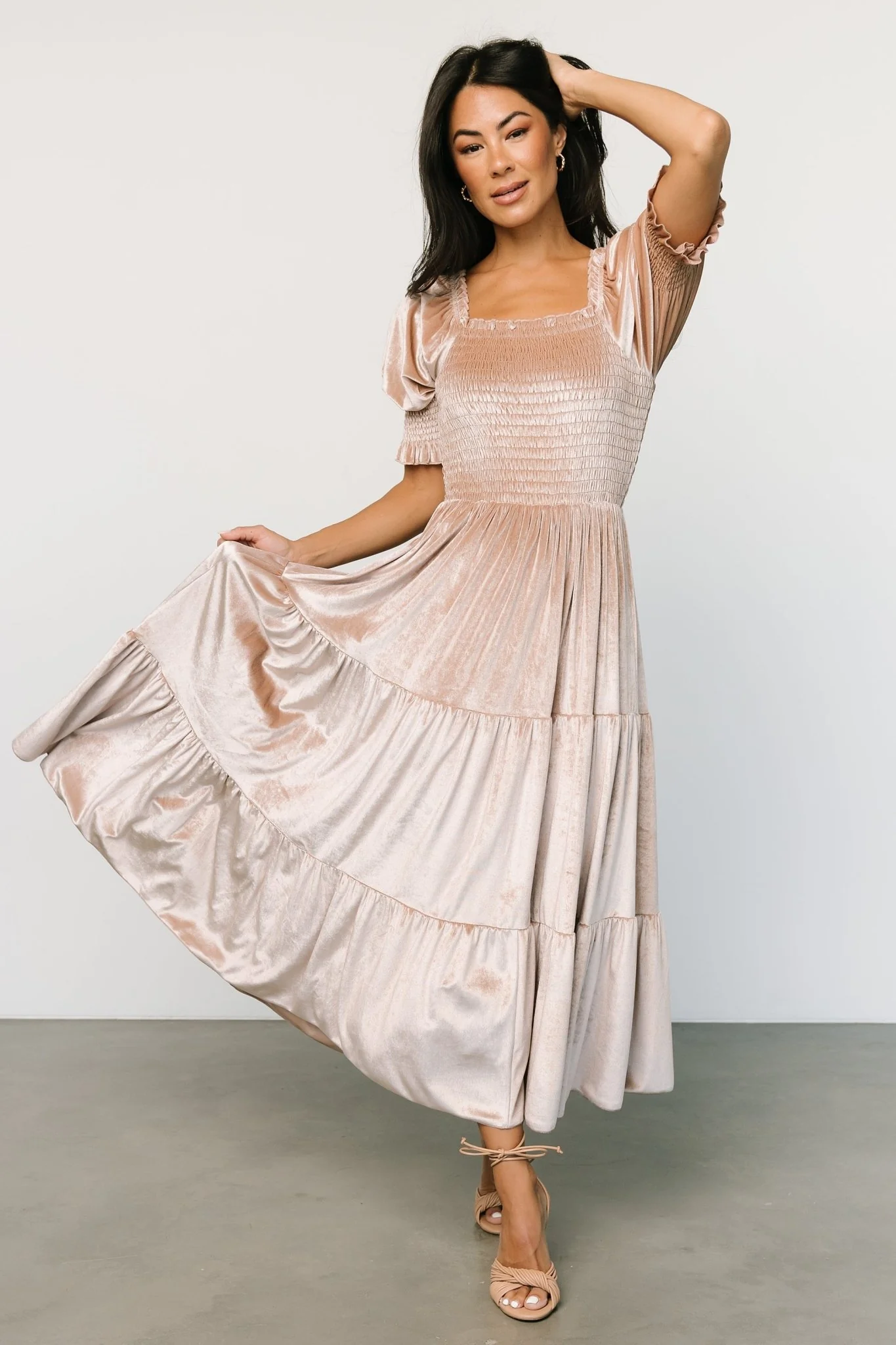 Vivaldi Smocked Velvet Midi Dress | Champagne