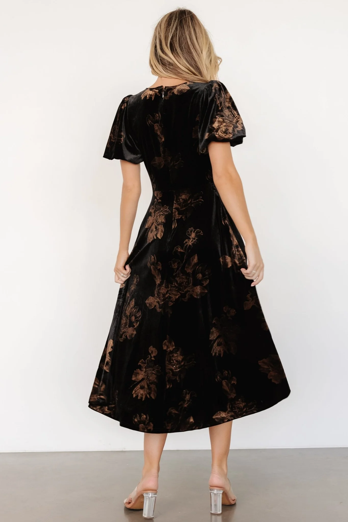 Janna Velvet Midi Dress | Black + Bronze Floral