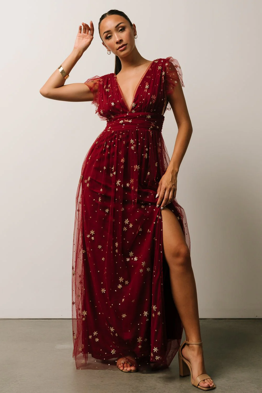 Nova Shimmer Maxi Dress | Wine + Gold