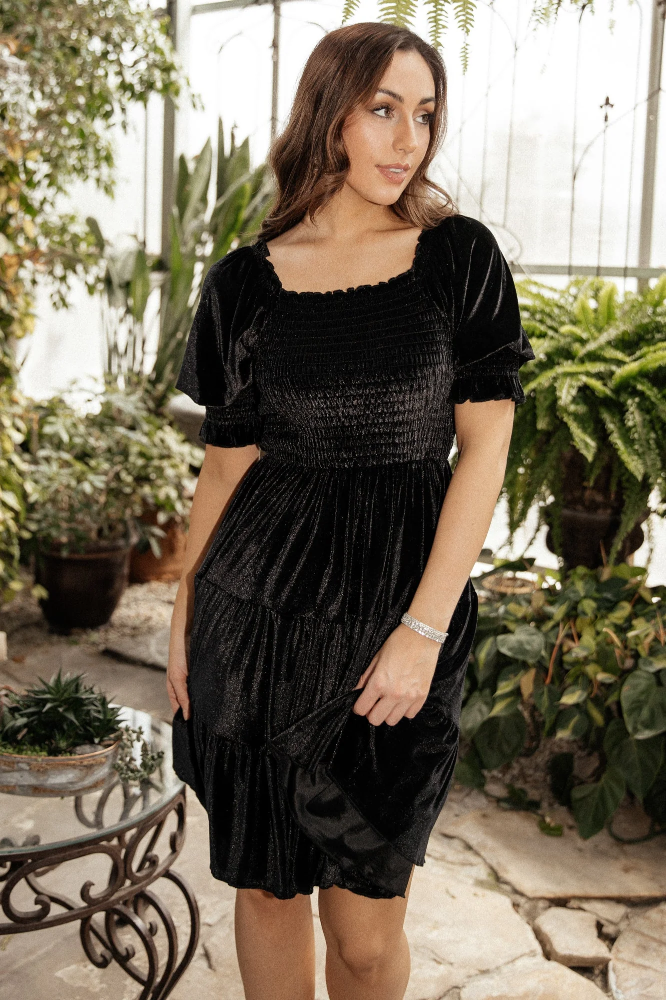 Bliss Smocked Velvet Short Dress | Black