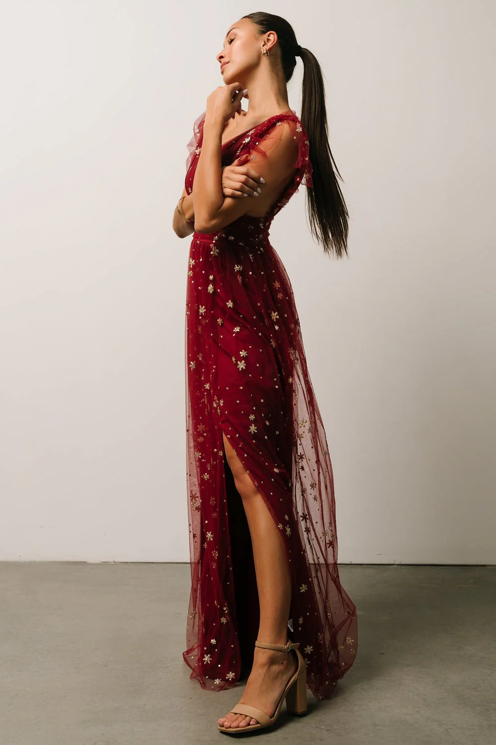 Nova Shimmer Maxi Dress | Wine + Gold