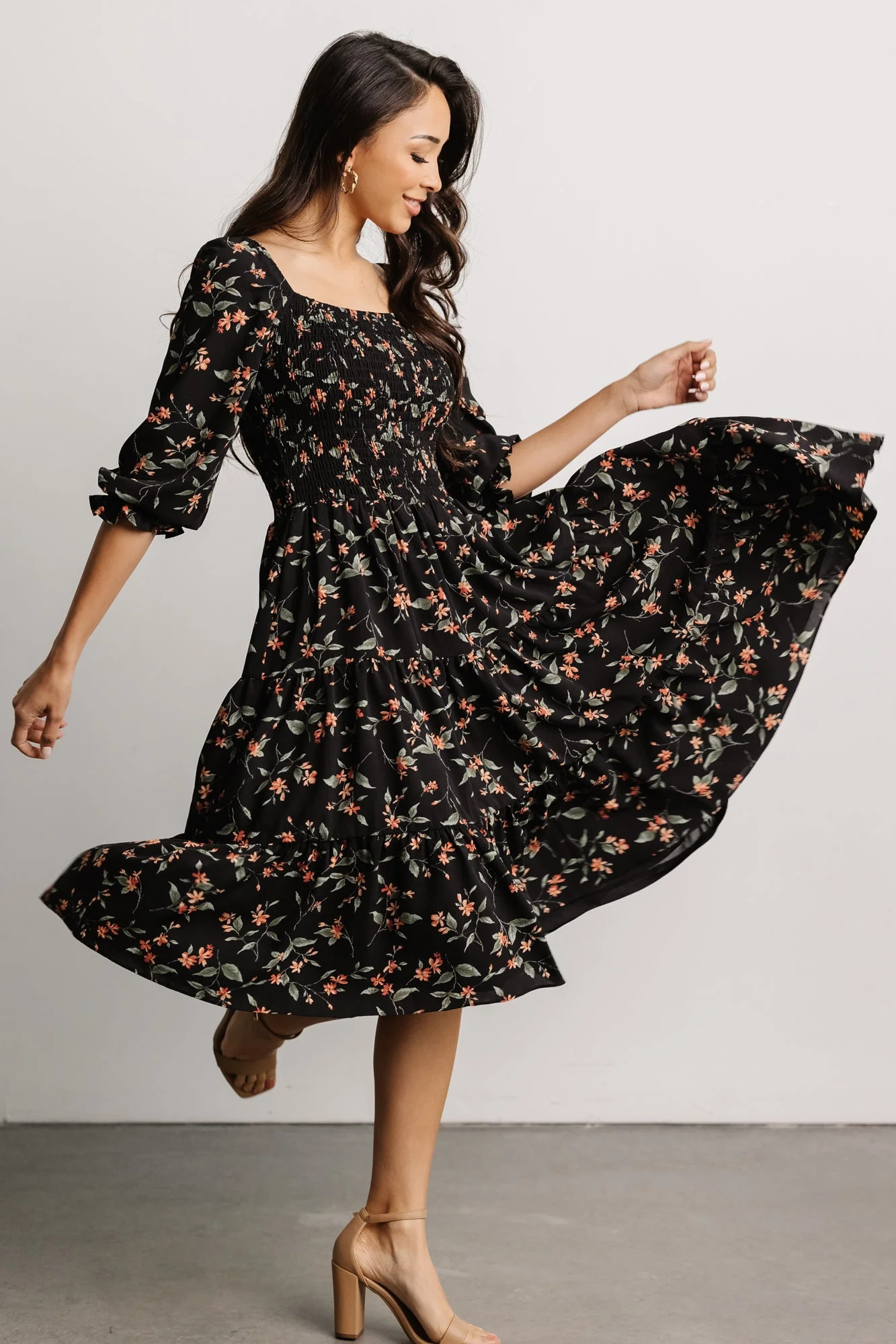 Marta Smocked Midi Dress | Black Floral