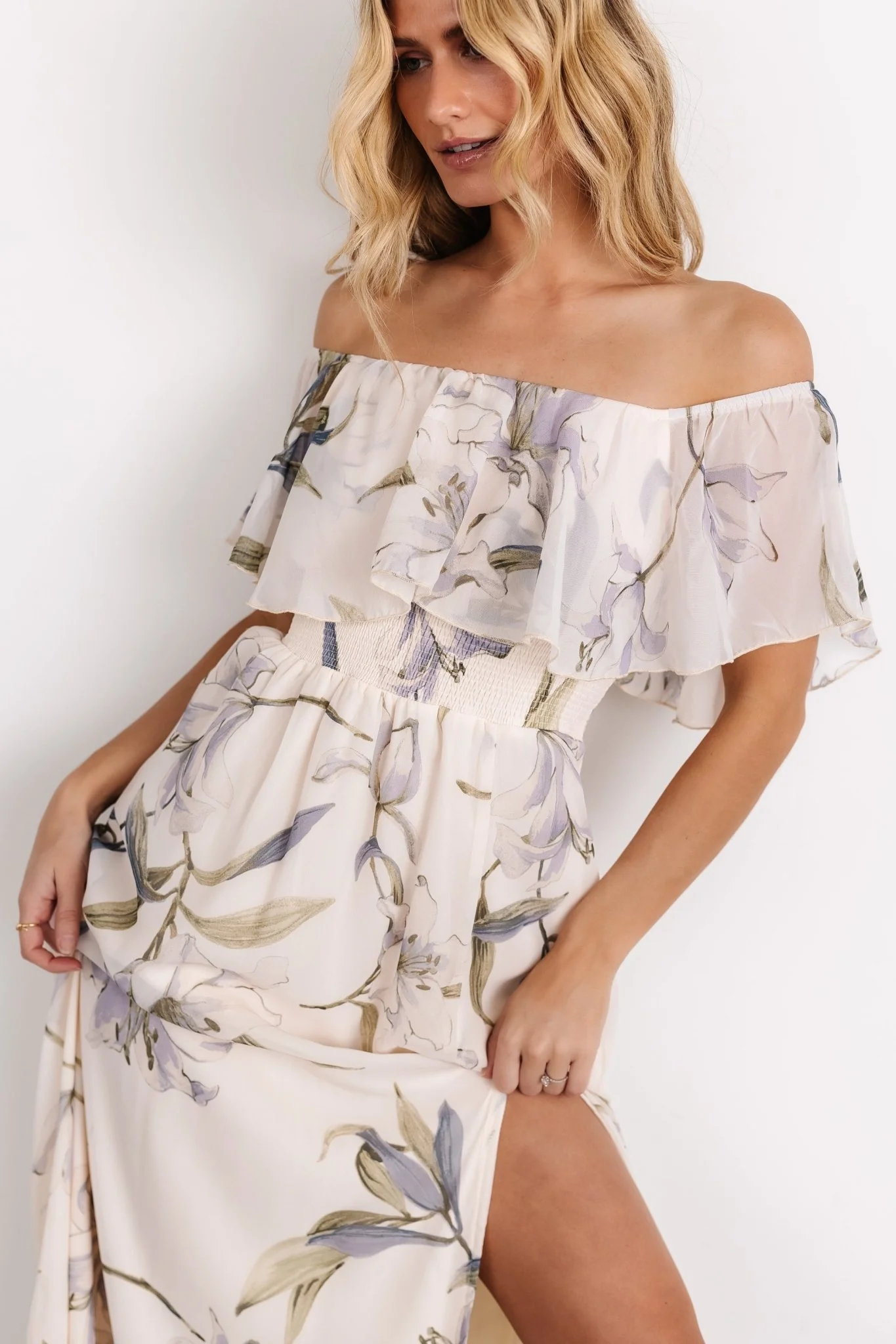 Daphne Off Shoulder Maxi Dress | Beige + Blue Floral