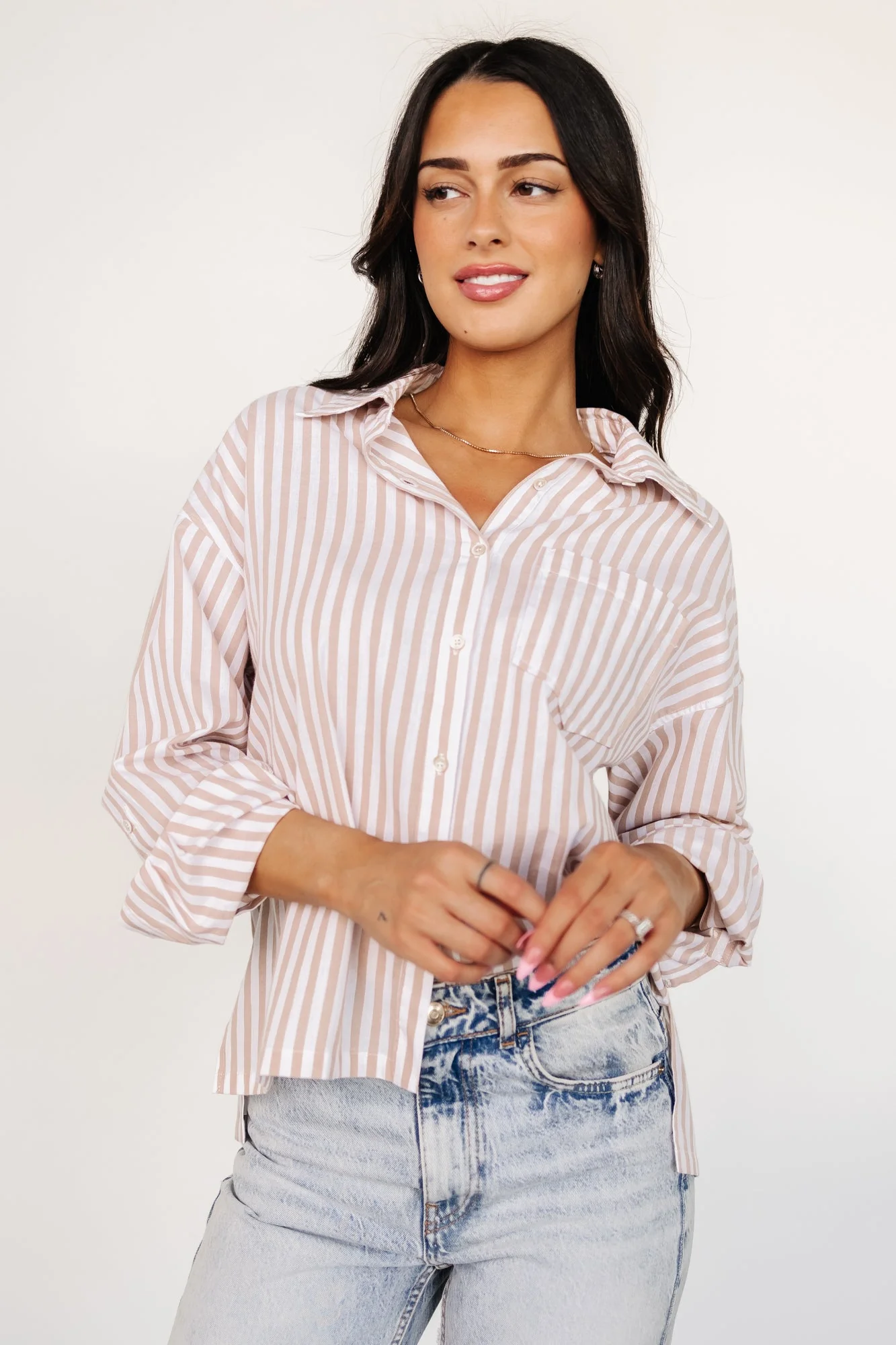 Shasta Button Up Top | Beige Stripe