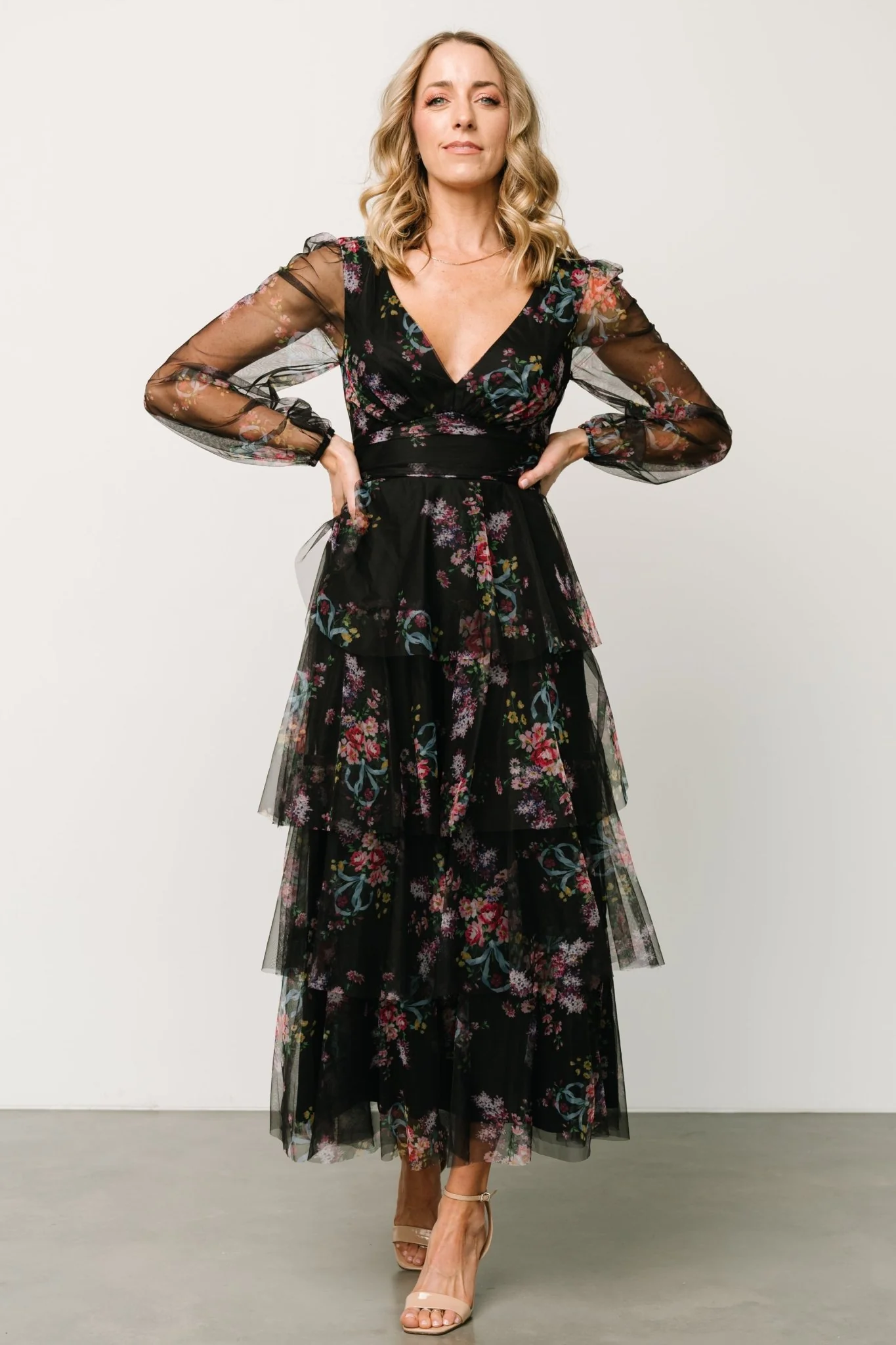 Carolina Tulle Tiered Maxi Dress | Black Floral