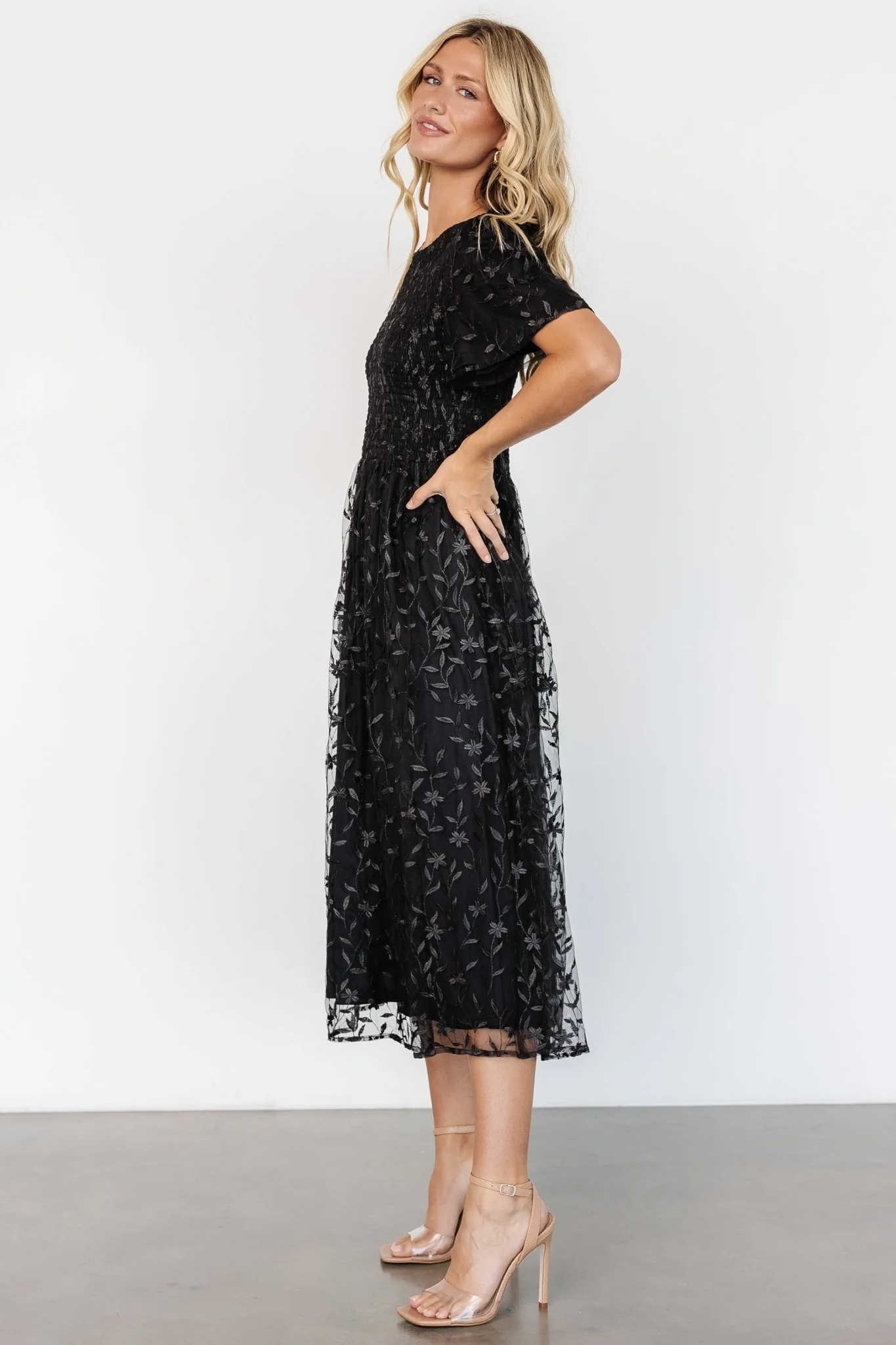 Cara Embroidered Midi Dress | Black