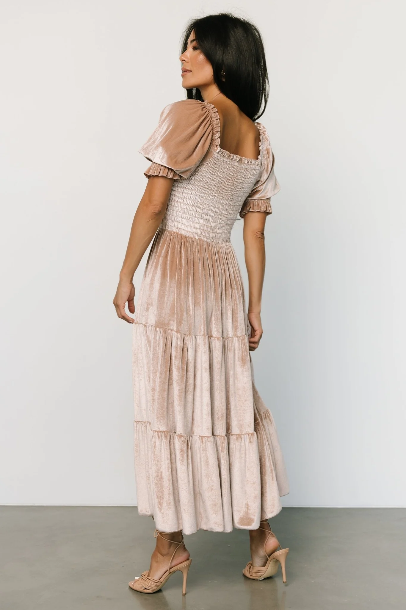 Vivaldi Smocked Velvet Midi Dress | Champagne