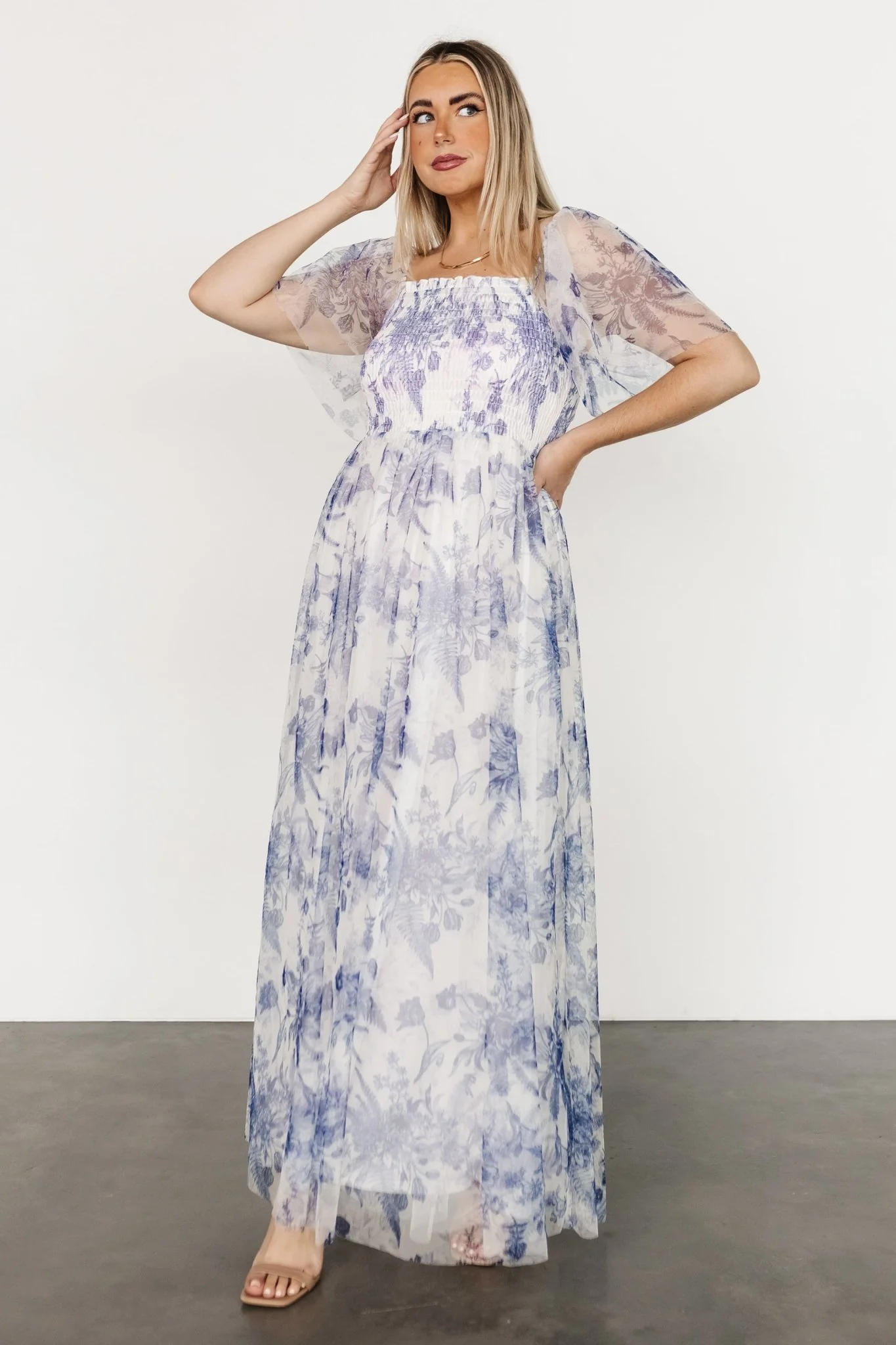 Cassandra Tulle Maxi Dress | Blue + White Floral
