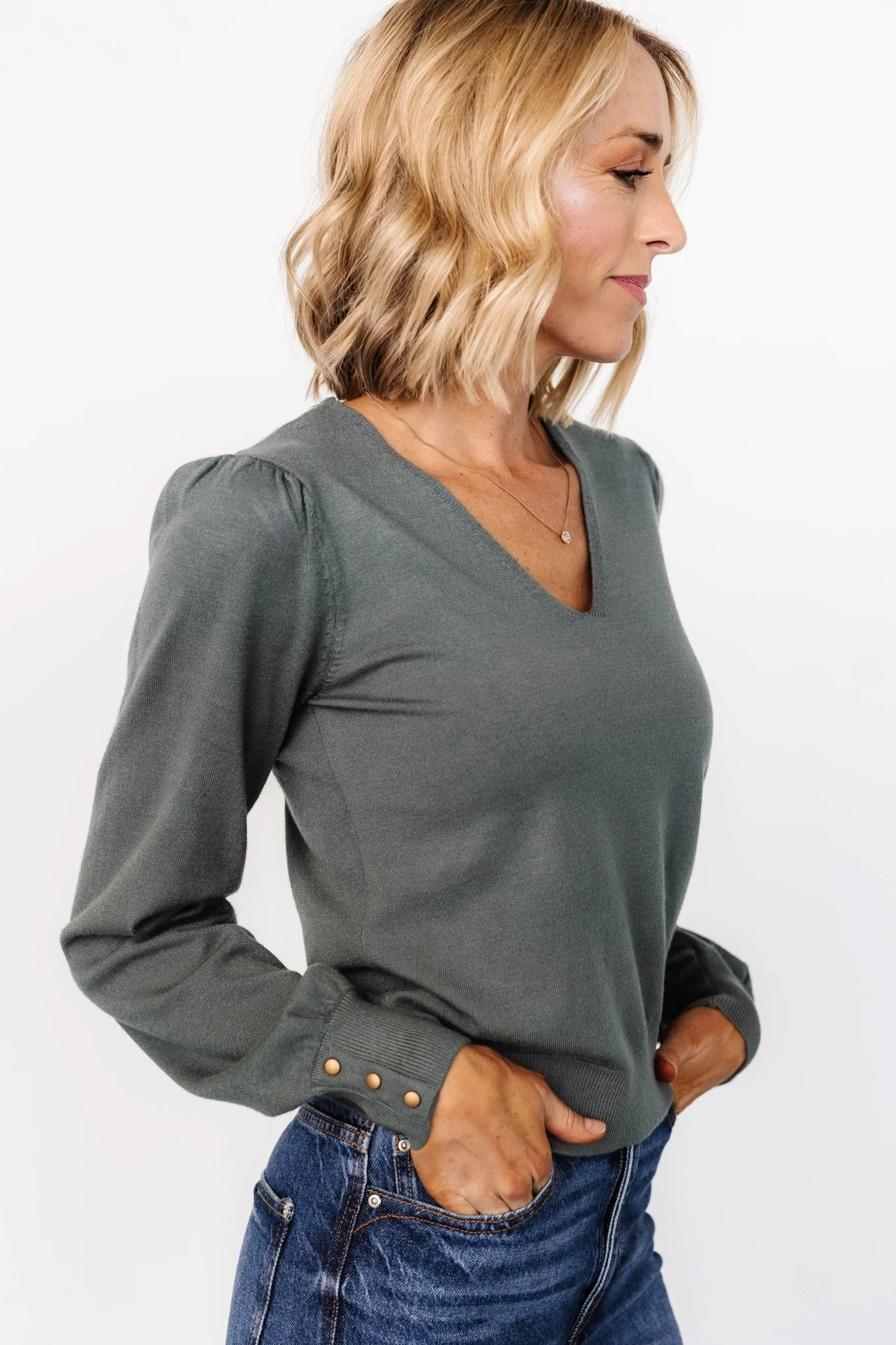 Sheila V Neck Sweater Top | Winter Green