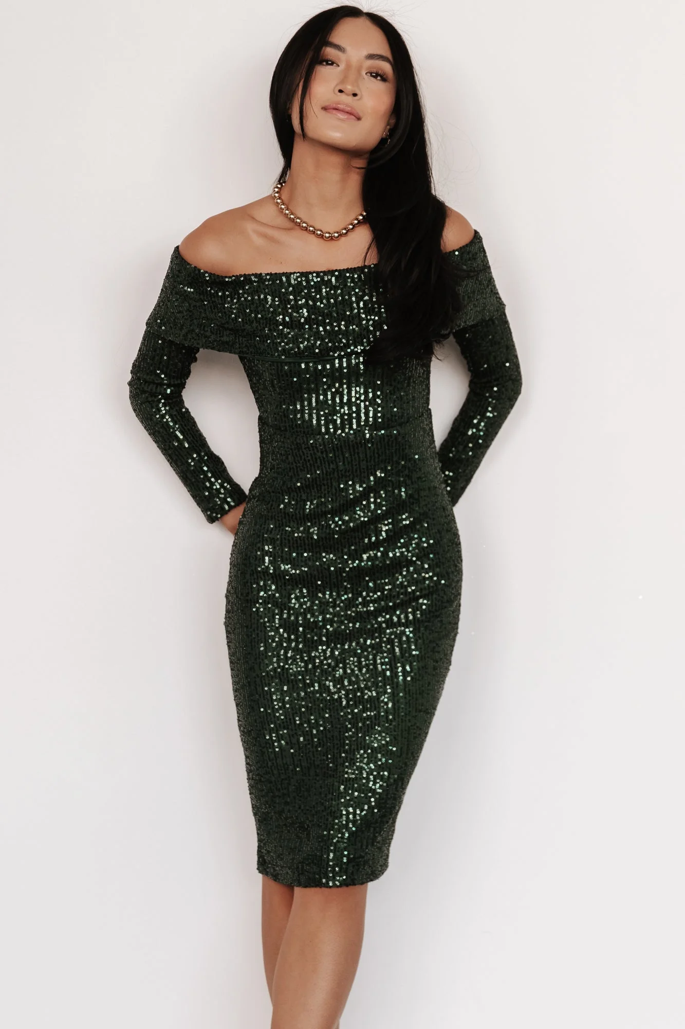 Karma Off Shoulder Sequin Midi Dress | Dark Green
