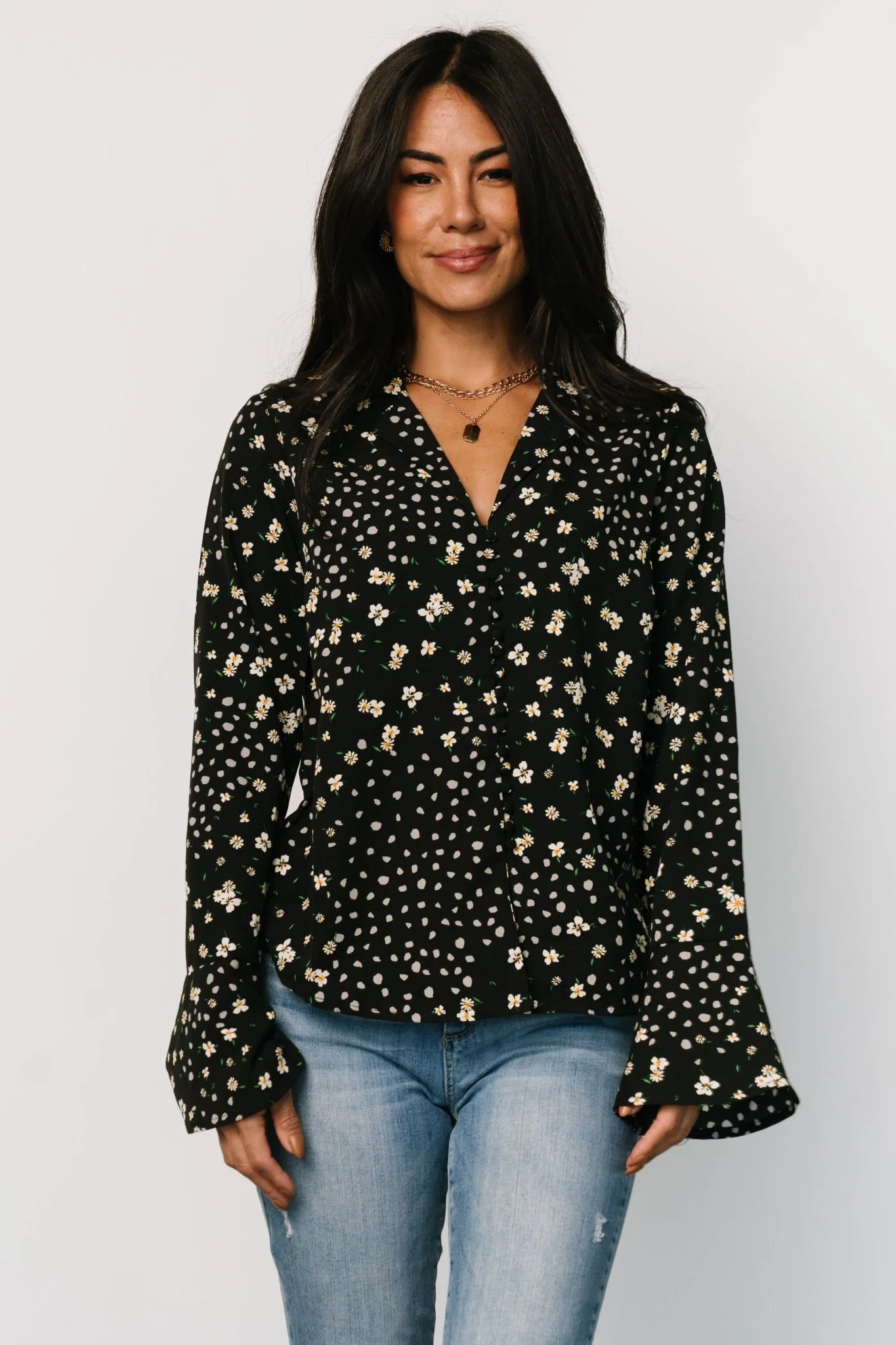 Thelma Button Blouse | Black Print