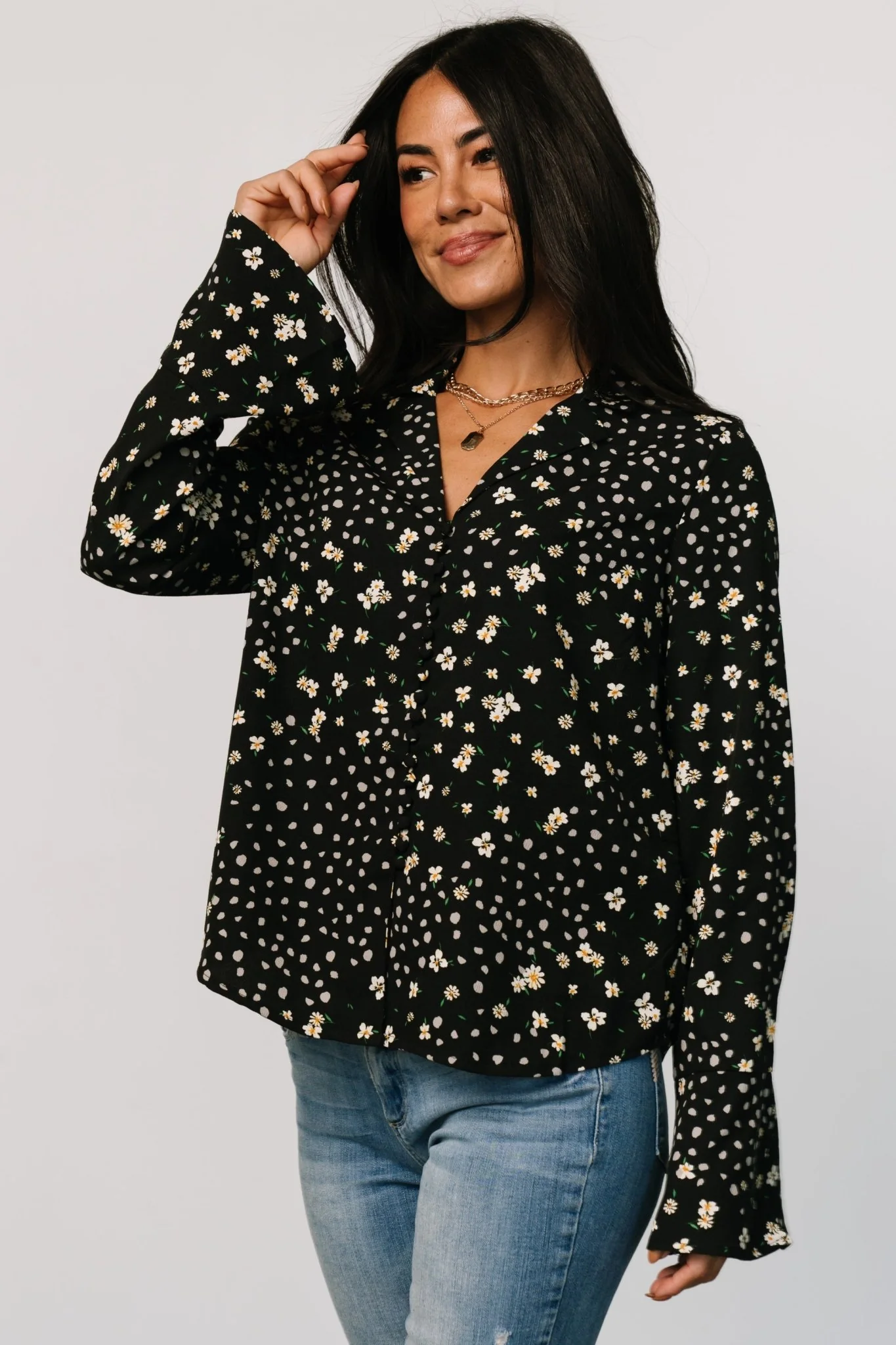 Thelma Button Blouse | Black Print