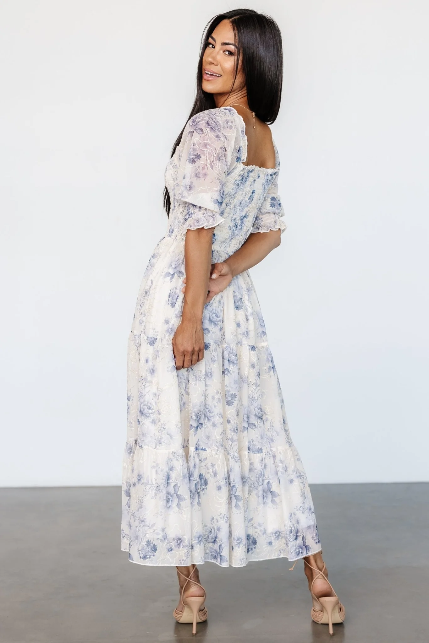 Fabian Jacquard Midi Dress | Cream + Blue Floral