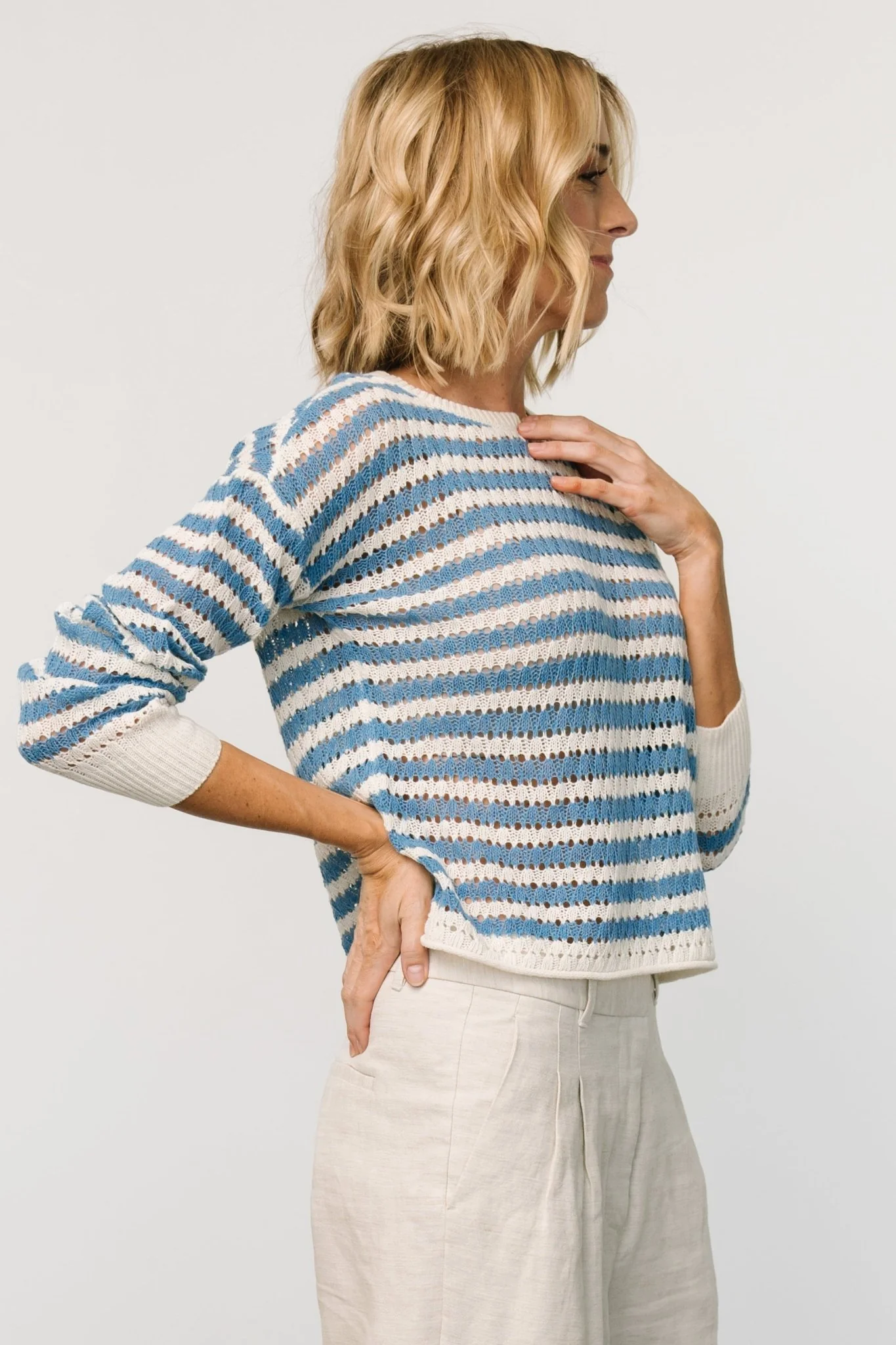 Dawn Open Knit Top | Blue + Ivory