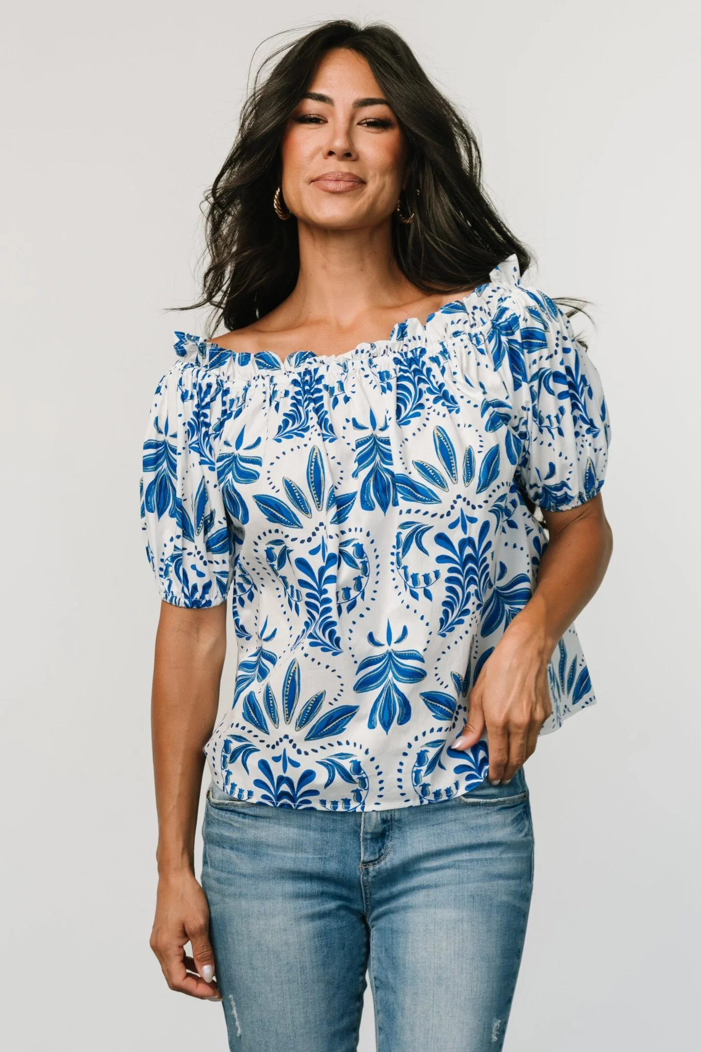 Santorini Off Shoulder Top | White + Blue