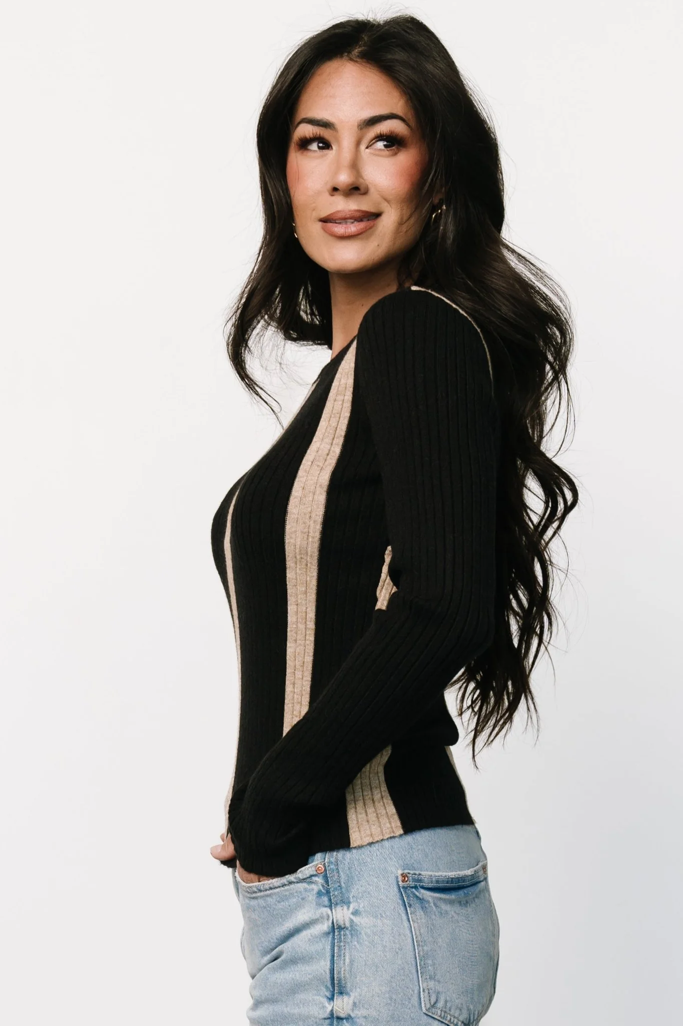 Jolene Ribbed Sweater Top | Black + Tan Stripe