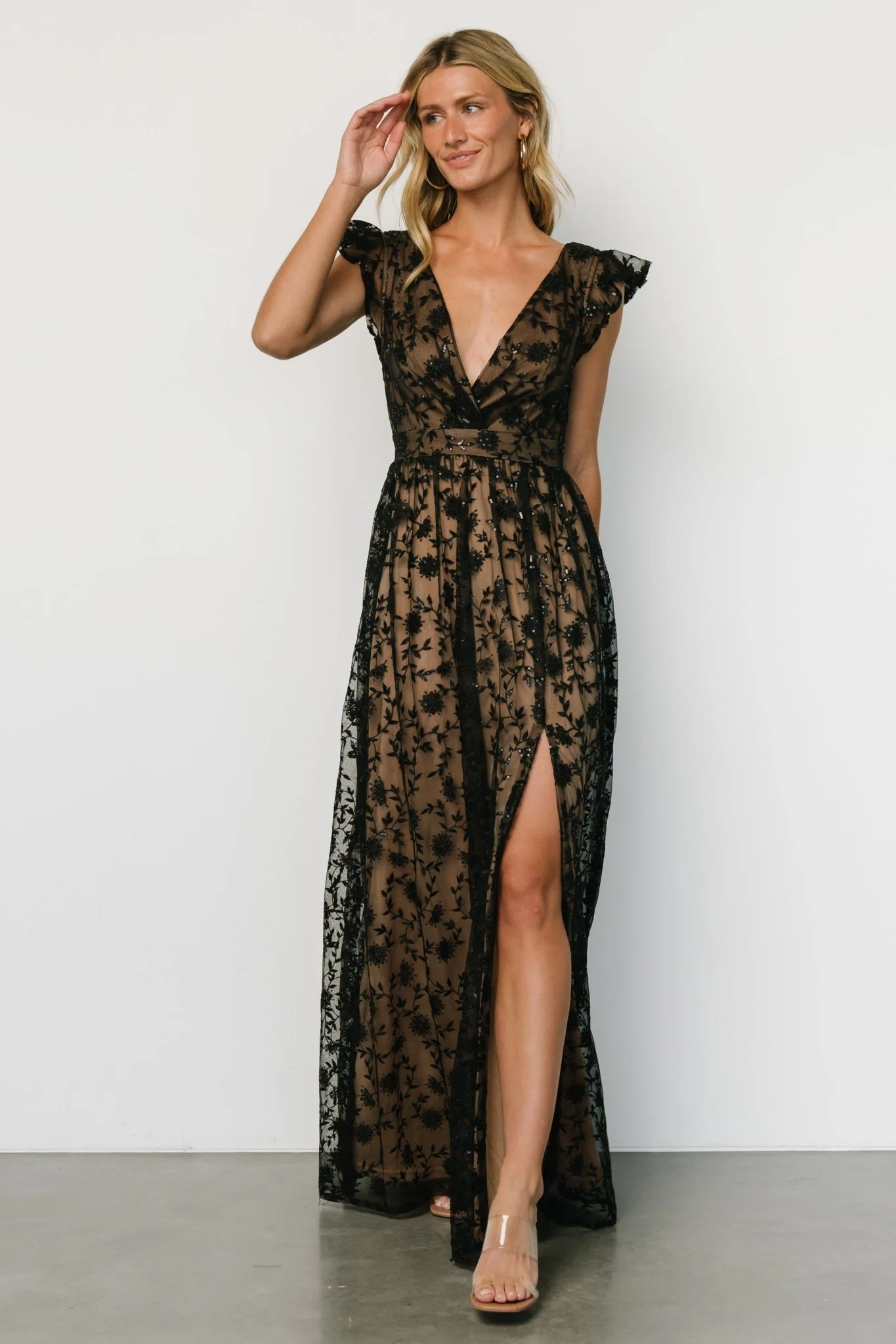 Alexa Embroidered Sequin Maxi Dress | Black + Nude