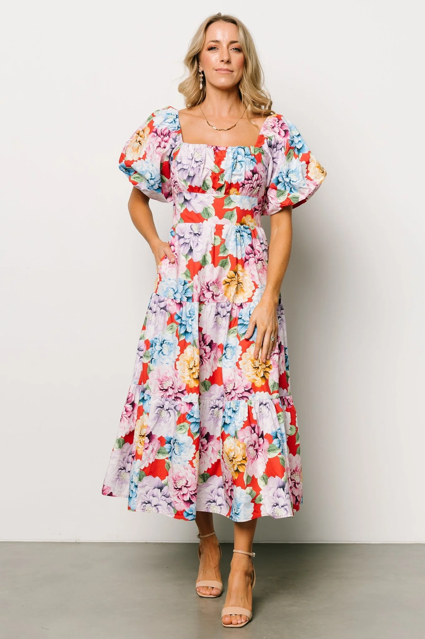 Iva Puff Sleeve Midi Dress | Red Multi Floral
