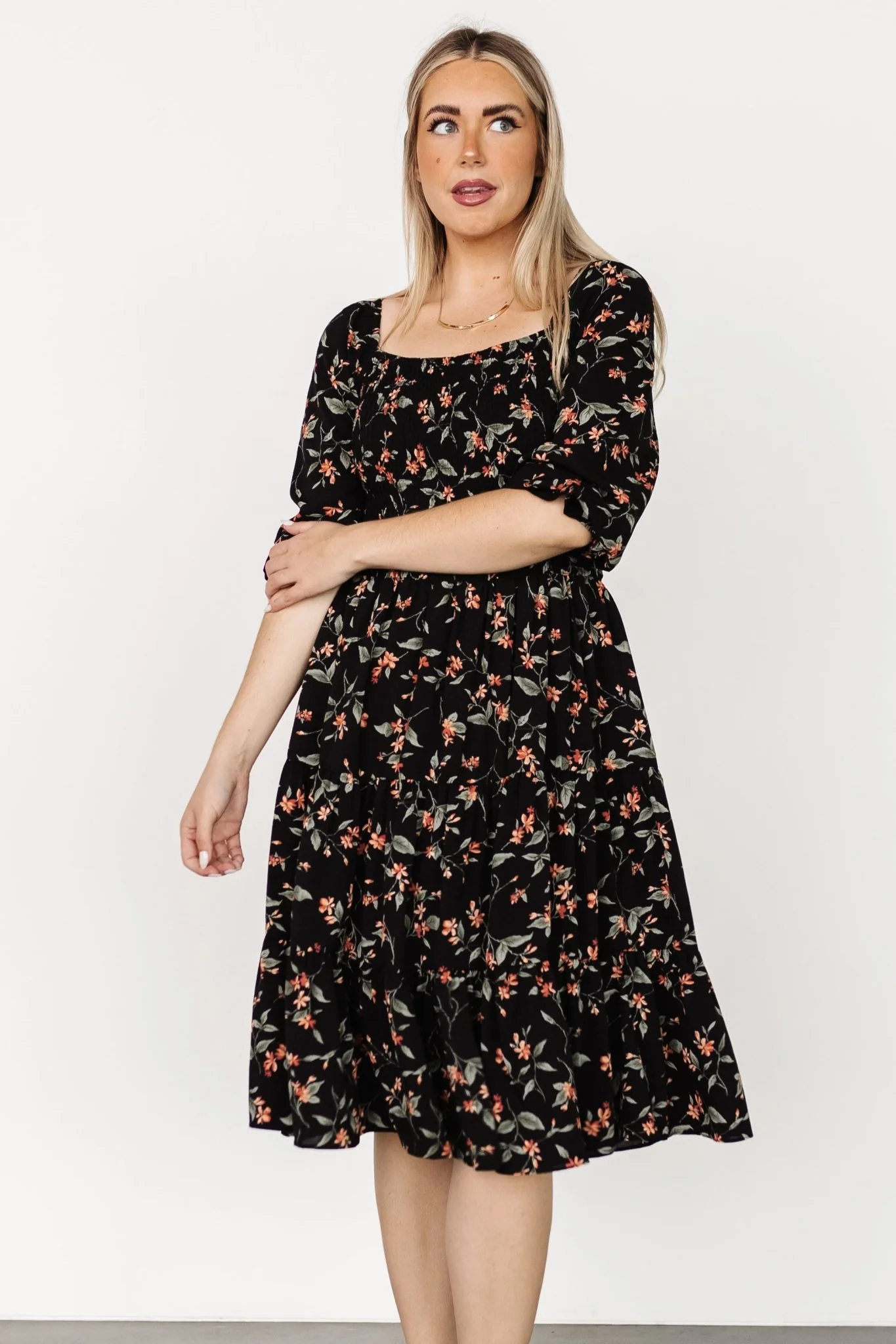 Marta Smocked Midi Dress | Black Floral