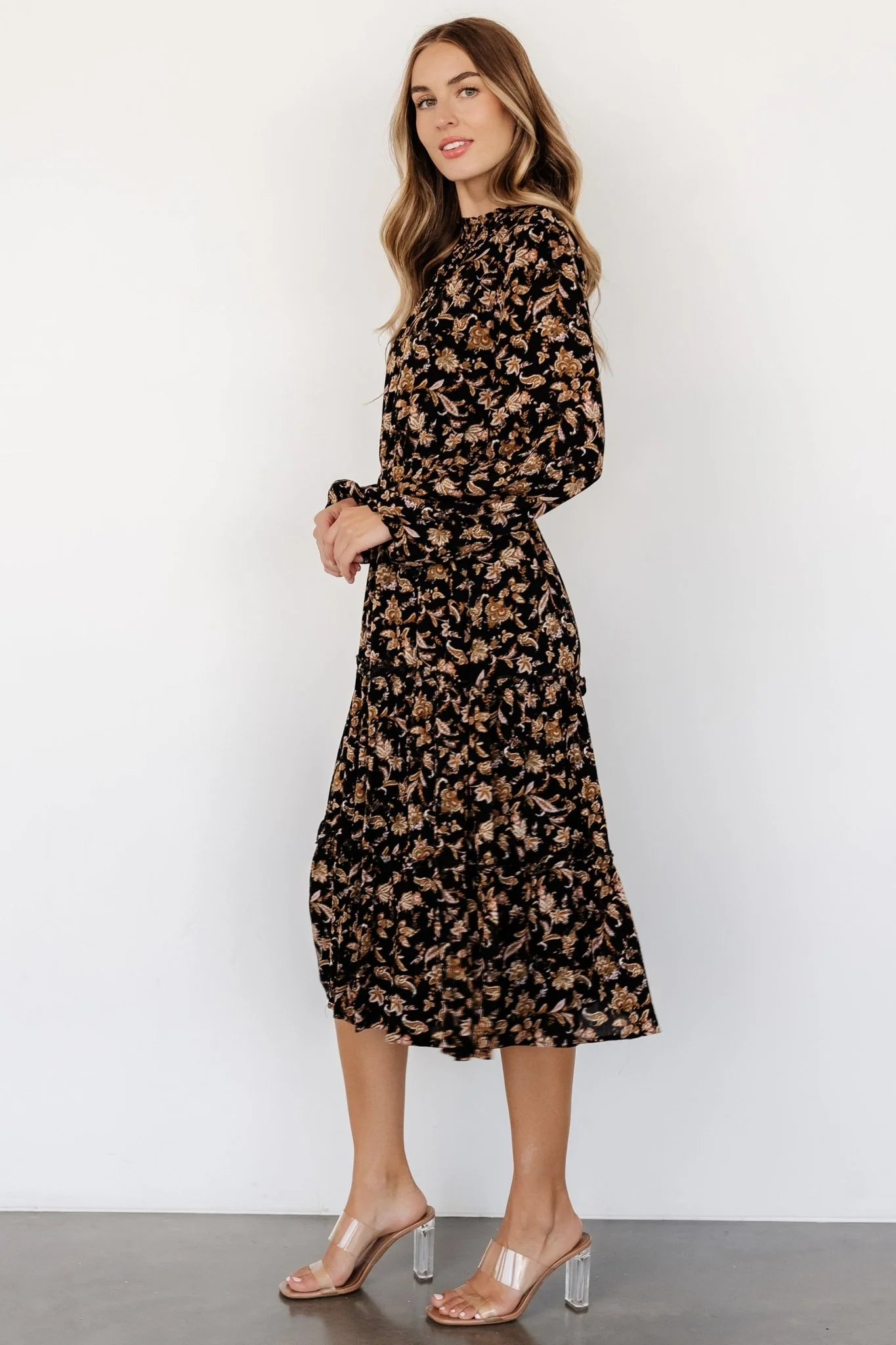 Kenice Mock Neck Dress | Black + Camel Print