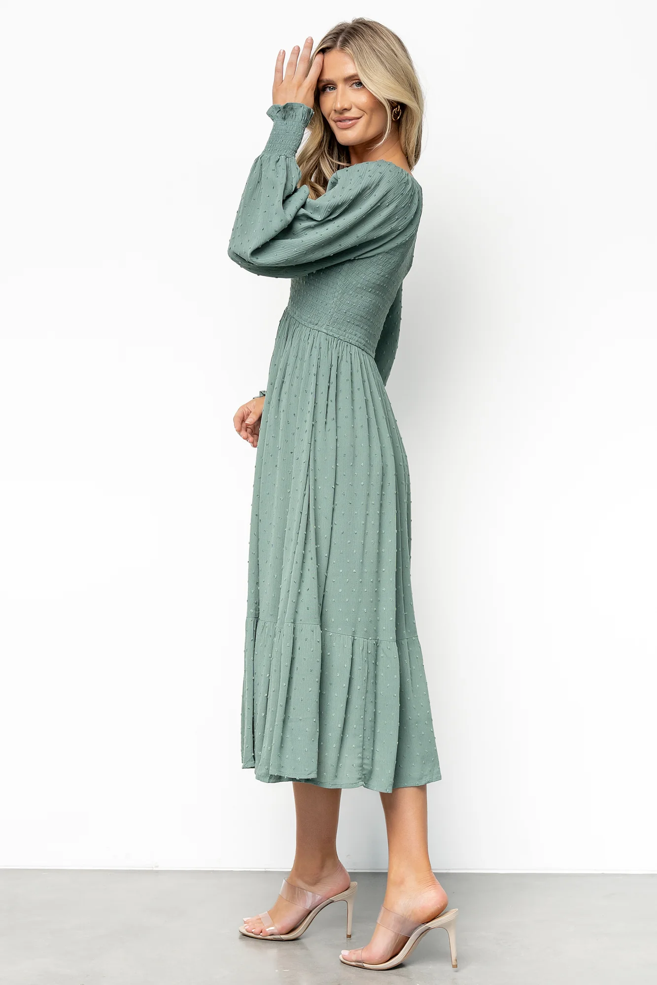 Lainey Smocked Dotted Midi Dress | Dark Sage