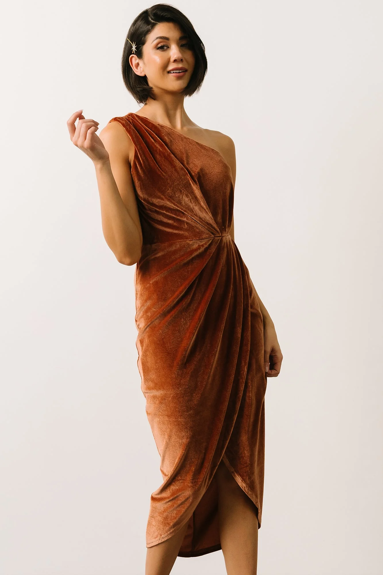 Kourtney Velvet One Shoulder Midi Dress | Spice