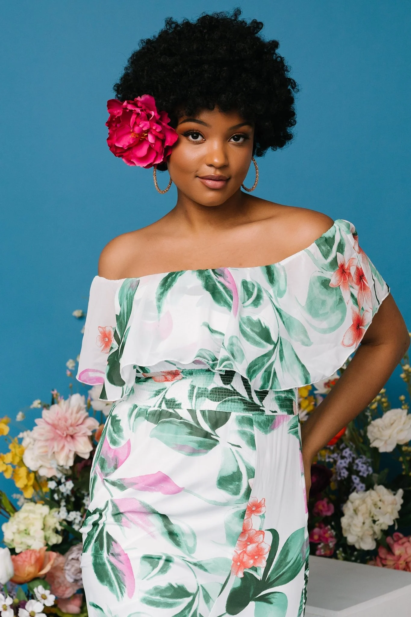 Daphne Off Shoulder Maxi Dress | White + Green Multi Floral