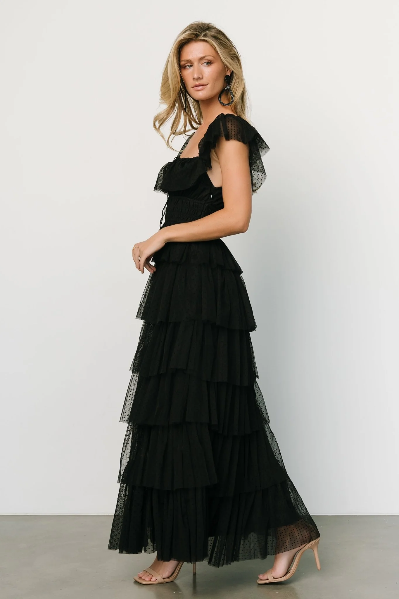 Valora Swiss Dot Tulle Maxi Dress | Black