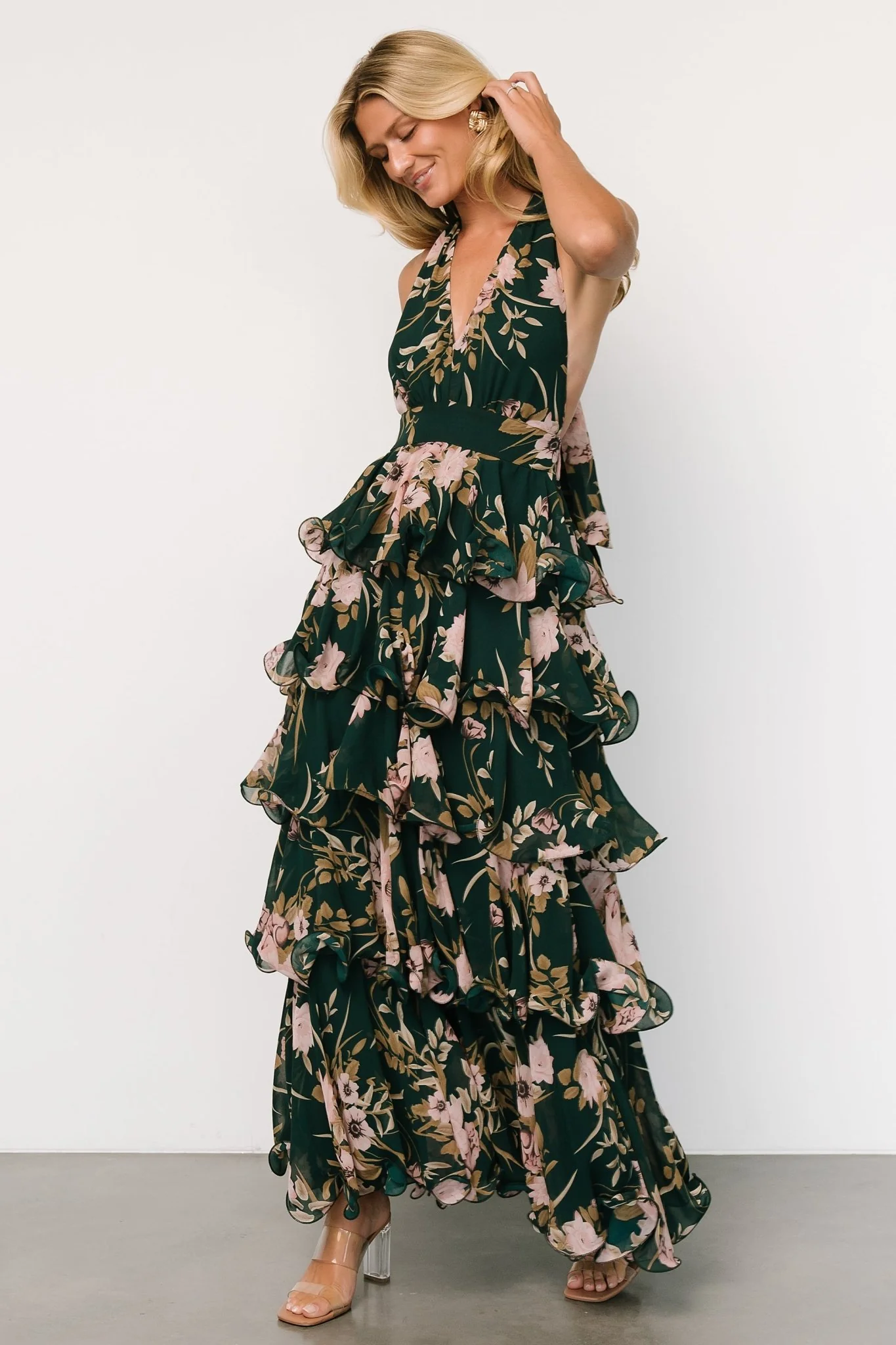 Jesslyn Open Back Tiered Maxi Dress | Green + Pink